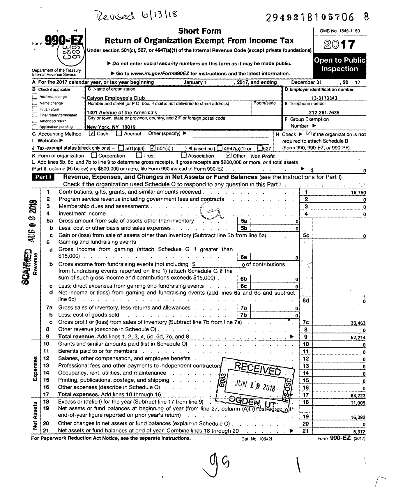 Image of first page of 2017 Form 990EO for Calyon Employees Club