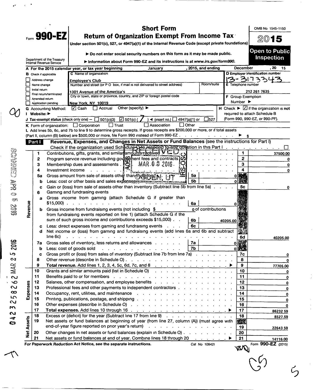 Image of first page of 2015 Form 990EO for Calyon Employees Club