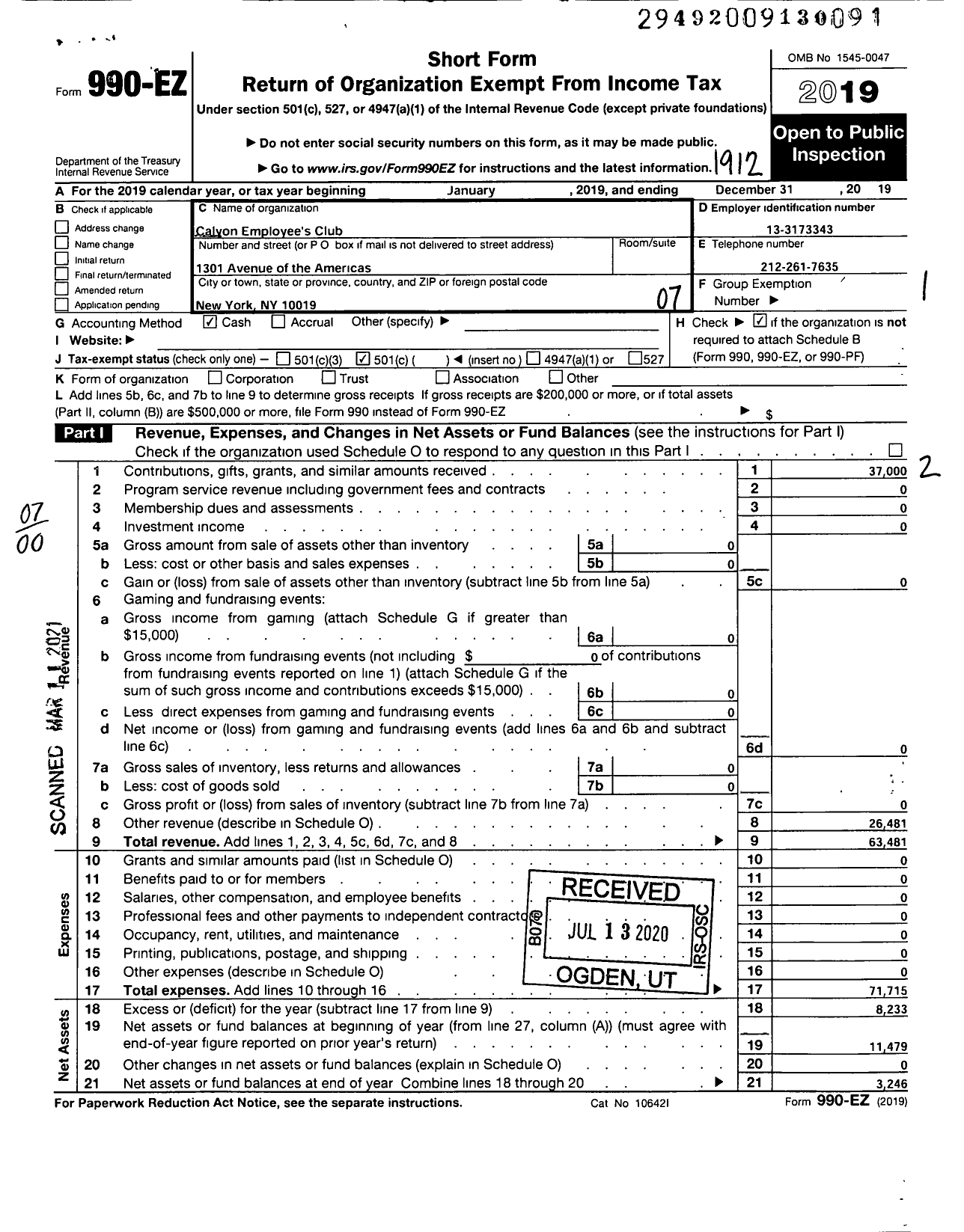 Image of first page of 2019 Form 990EO for Calyon Employees Club