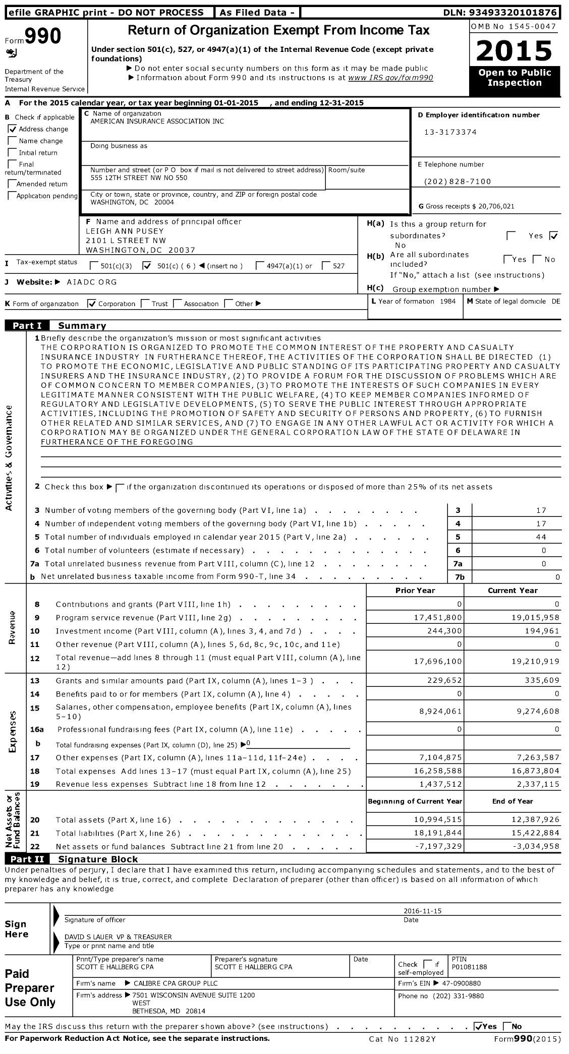 Image of first page of 2015 Form 990O for American Insurance Association