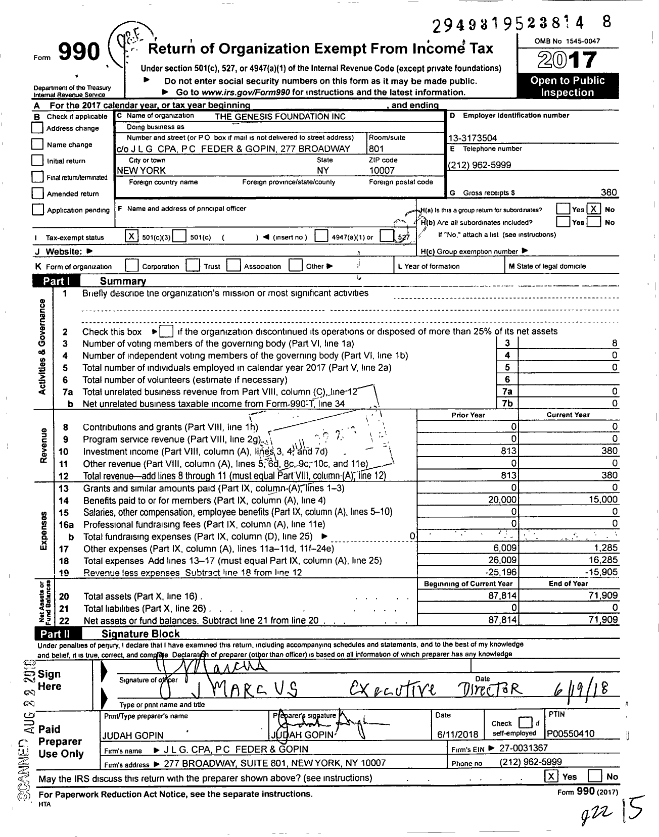 Image of first page of 2017 Form 990 for The Genesis Foundation