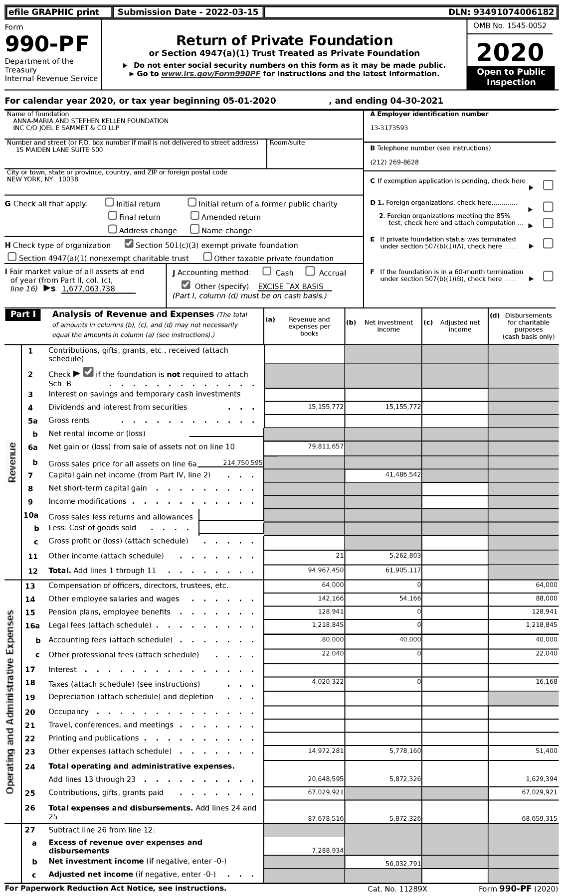 Image of first page of 2020 Form 990PF for Anna Maria and Stephen Kellen Foundation