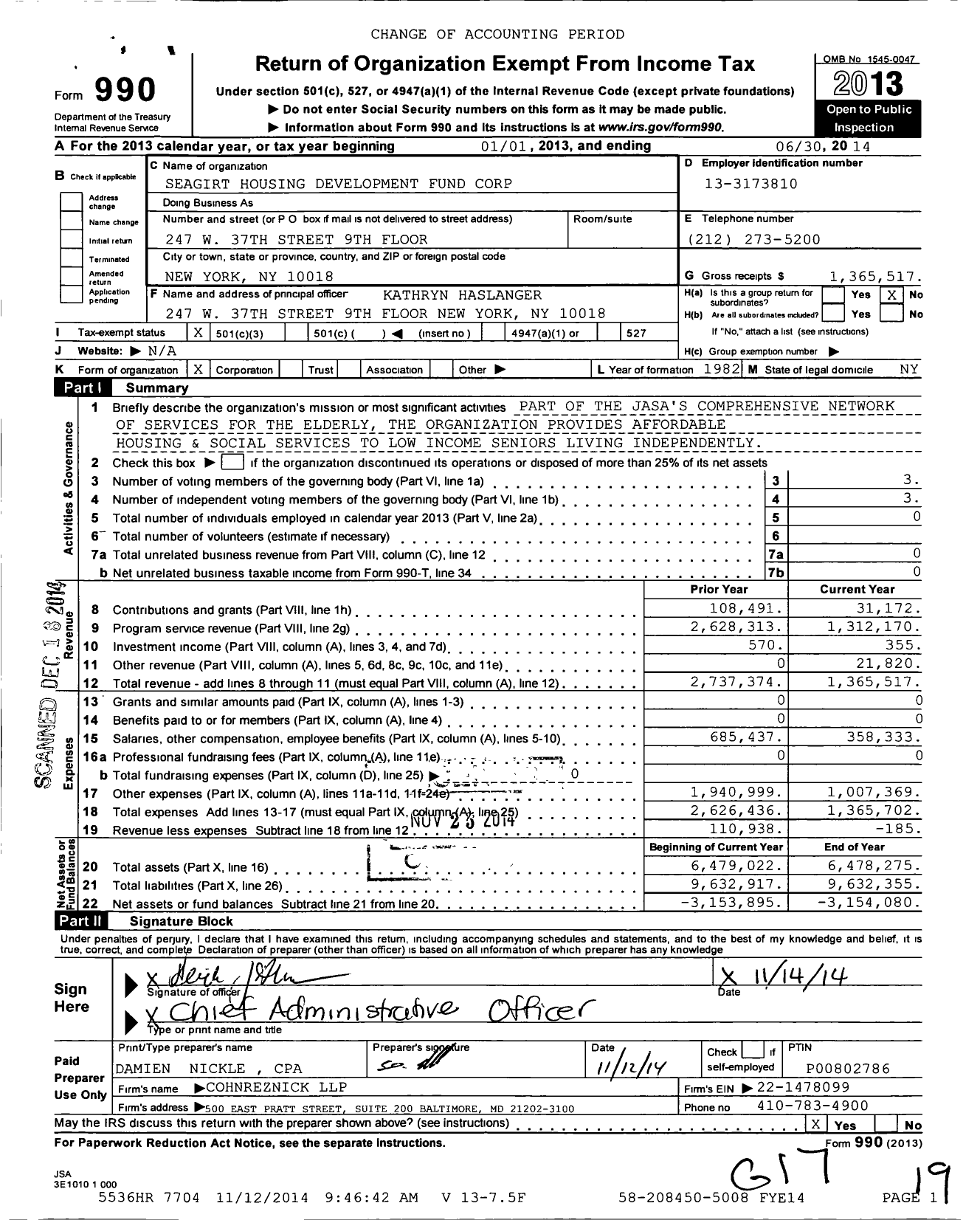 Image of first page of 2013 Form 990 for Seagirt Housing Development Fund Corporation
