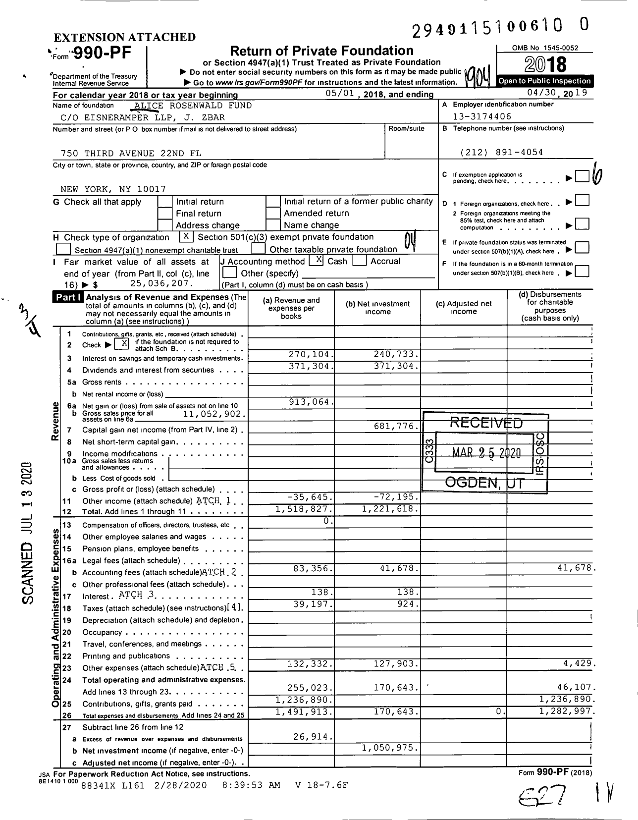 Image of first page of 2018 Form 990PR for Alice Rosenwald Fund