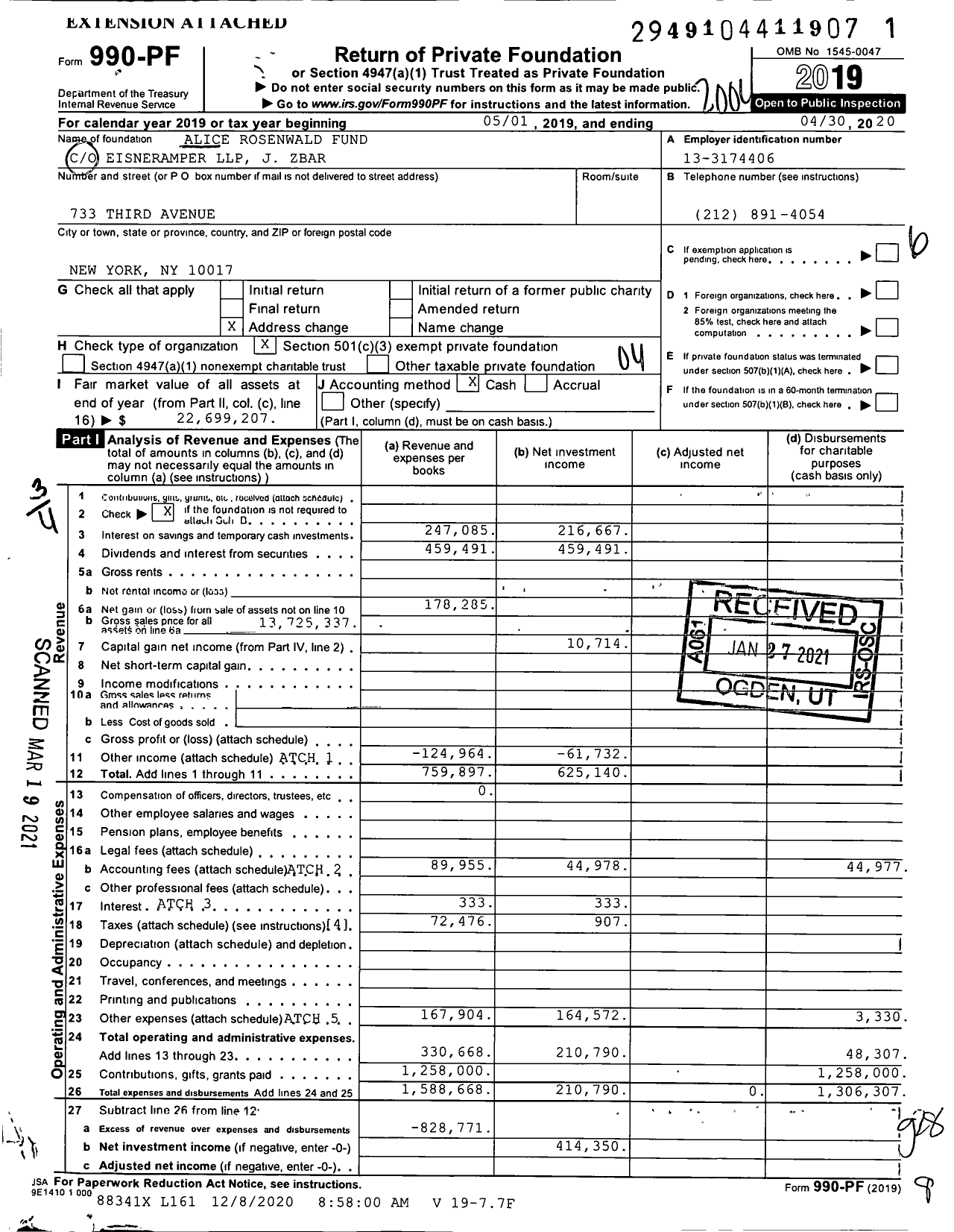 Image of first page of 2019 Form 990PF for Alice Rosenwald Fund