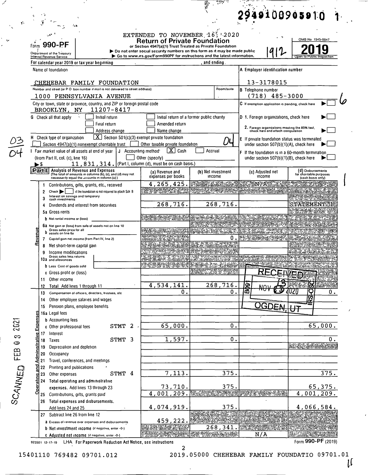 Image of first page of 2019 Form 990PF for Chehebar Family Foundation