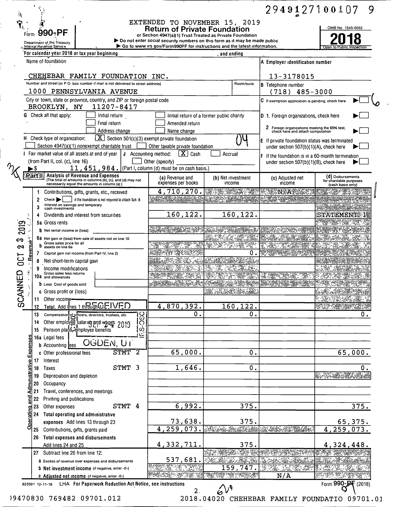 Image of first page of 2018 Form 990PF for Chehebar Family Foundation