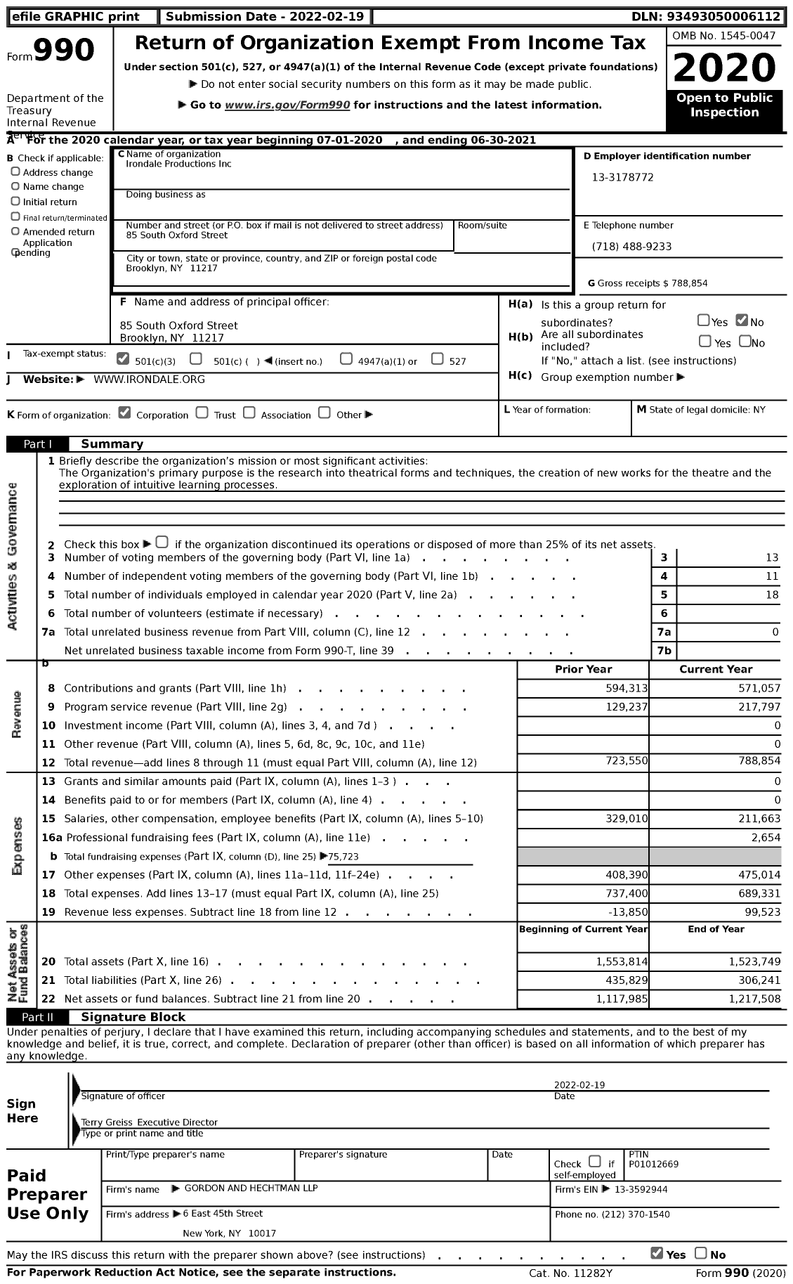 Image of first page of 2020 Form 990 for Irondale Productions