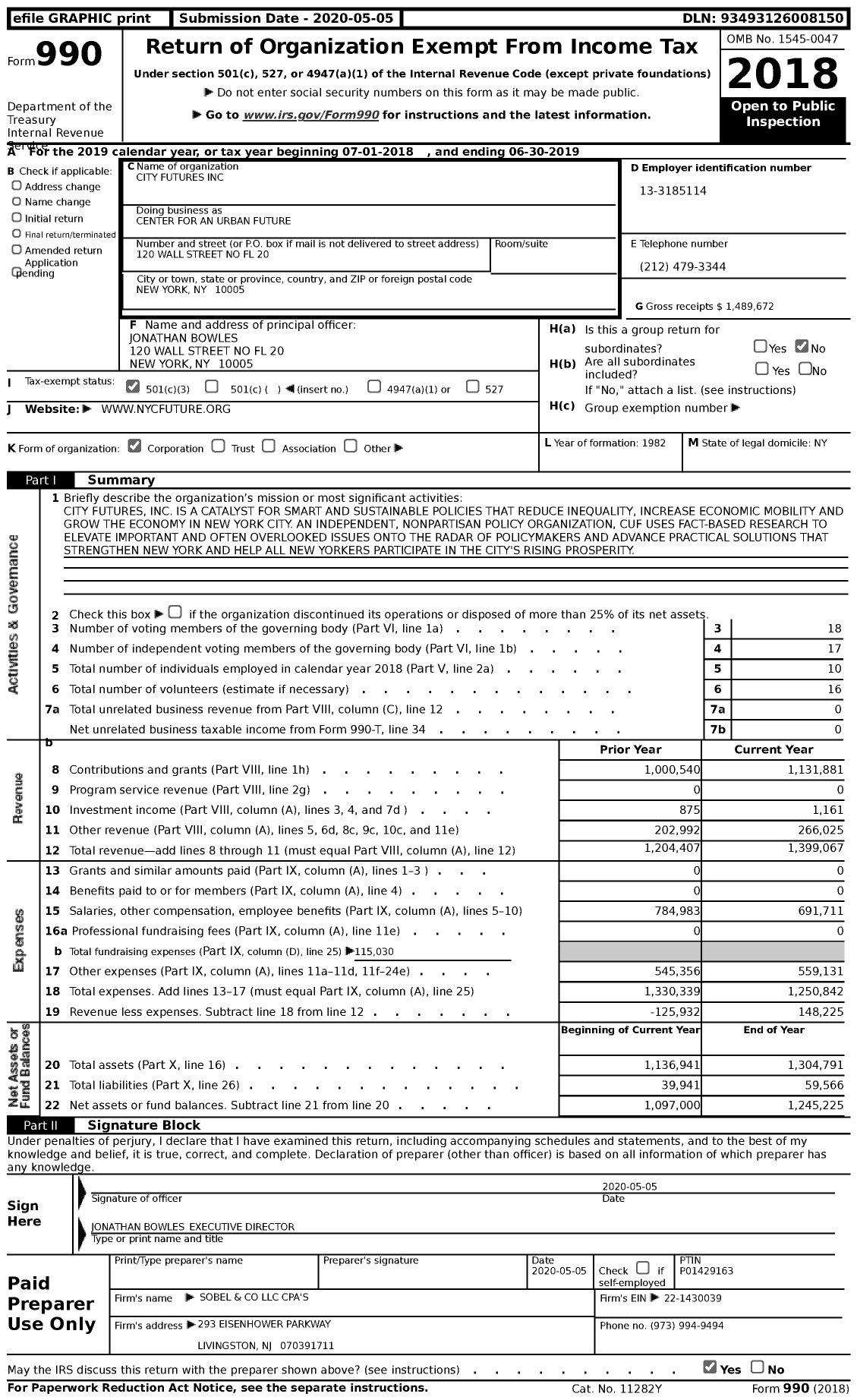 Image of first page of 2018 Form 990 for Center for An Urban Future