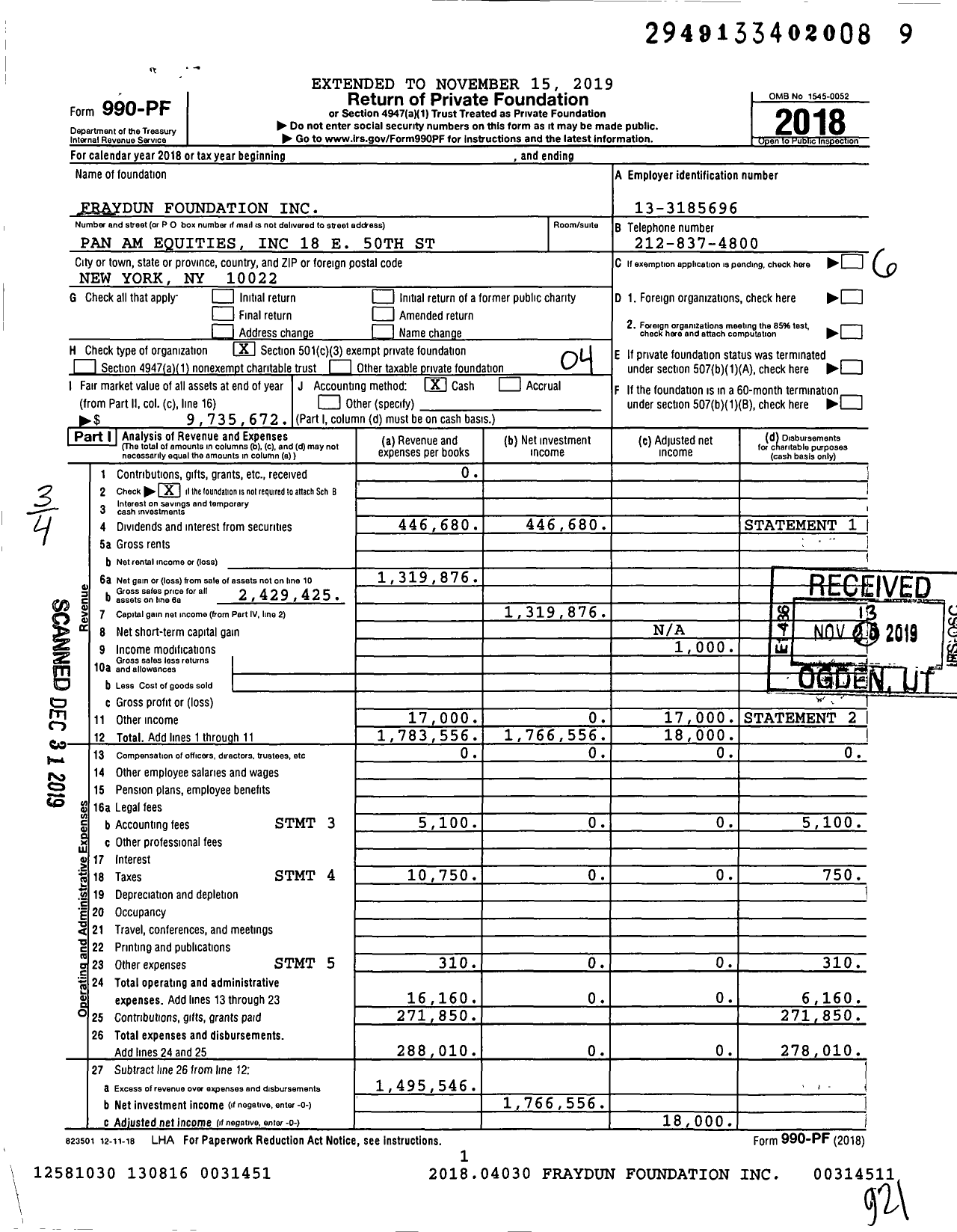 Image of first page of 2018 Form 990PF for Fraydun Foundation