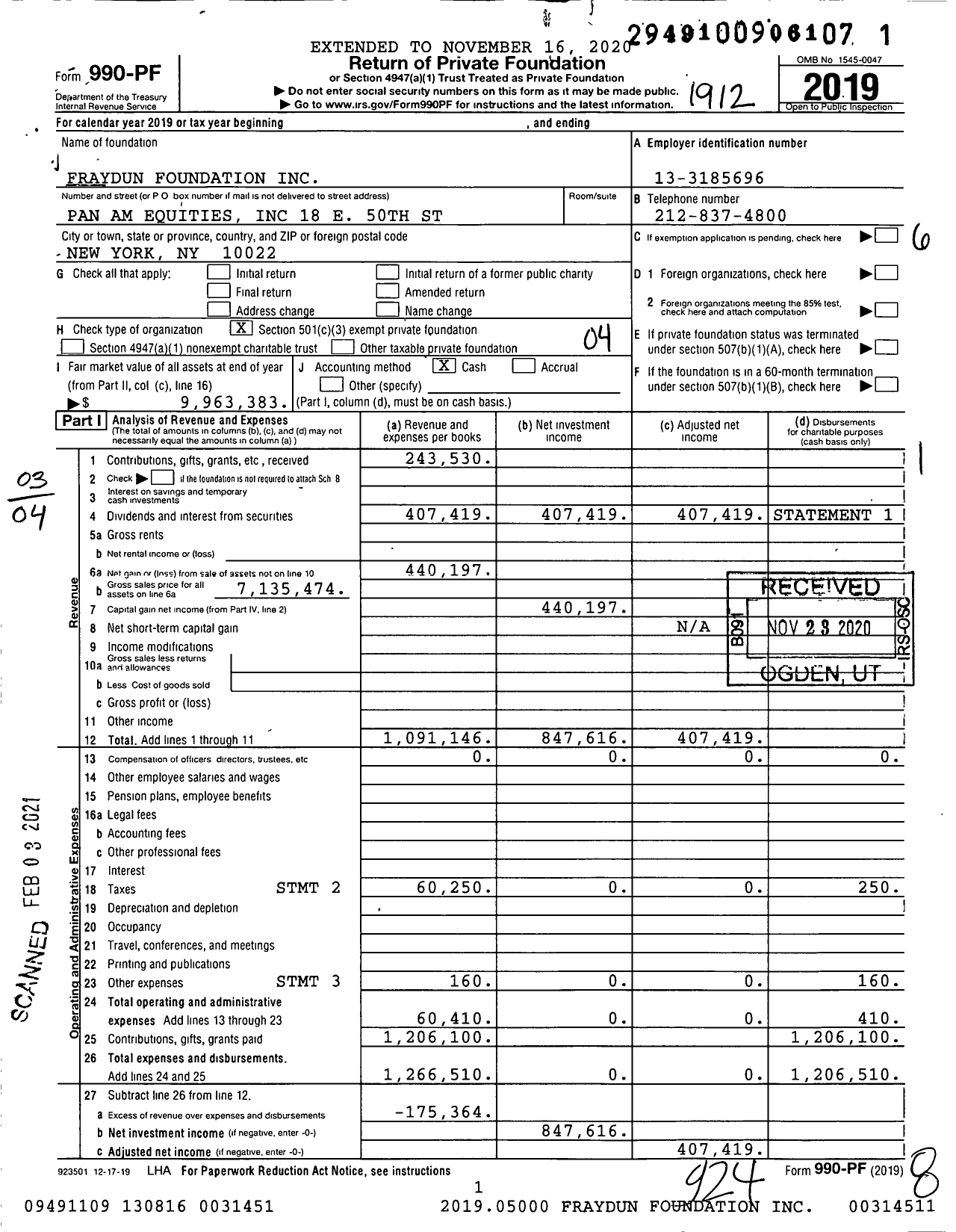 Image of first page of 2019 Form 990PF for Fraydun Foundation