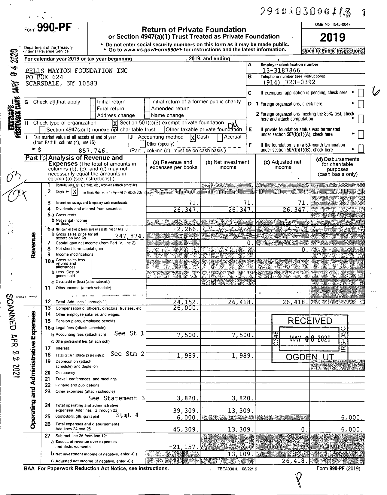 Image of first page of 2019 Form 990PF for Pells Mayton Foundation