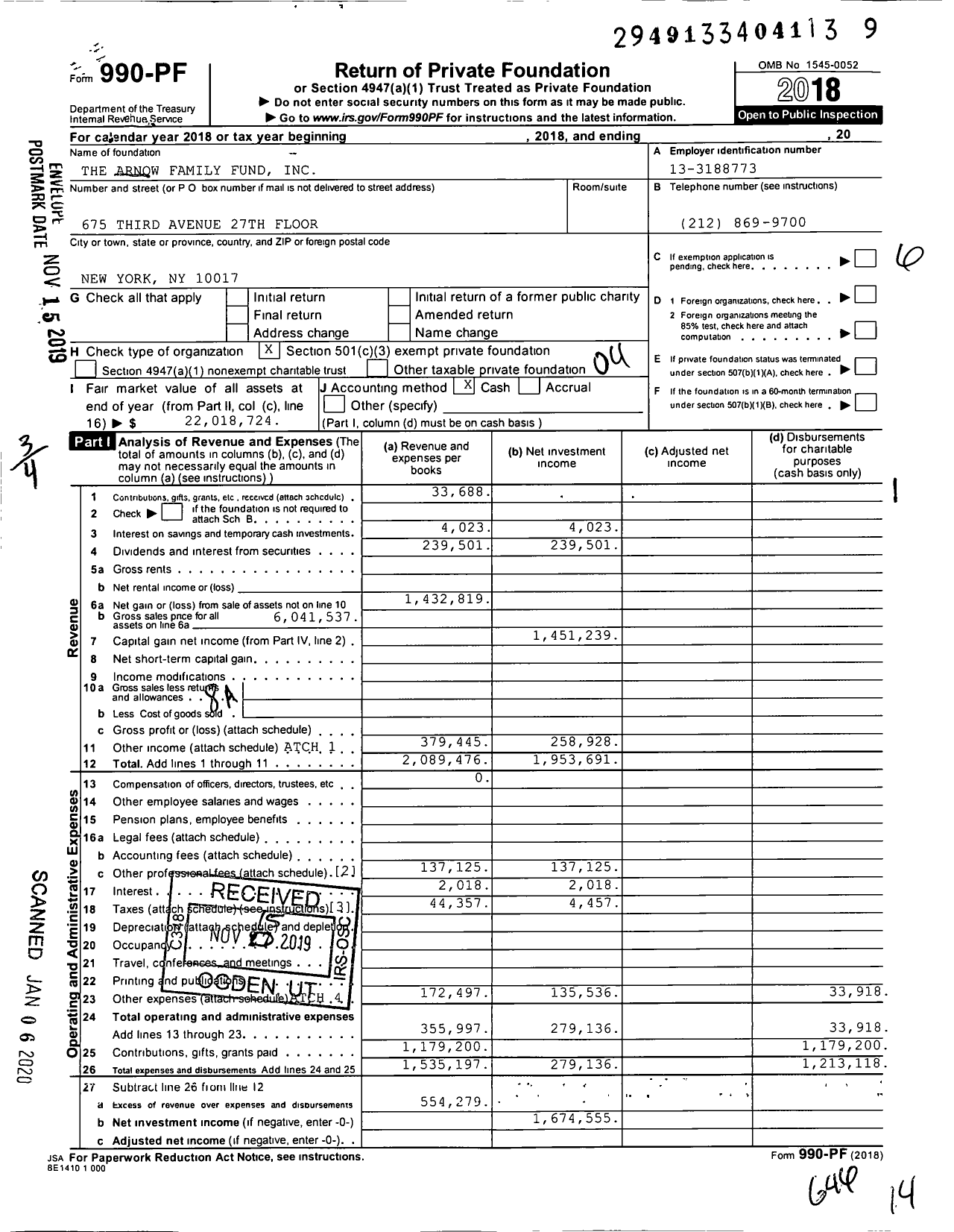 Image of first page of 2018 Form 990PF for The Arnow Family Fund