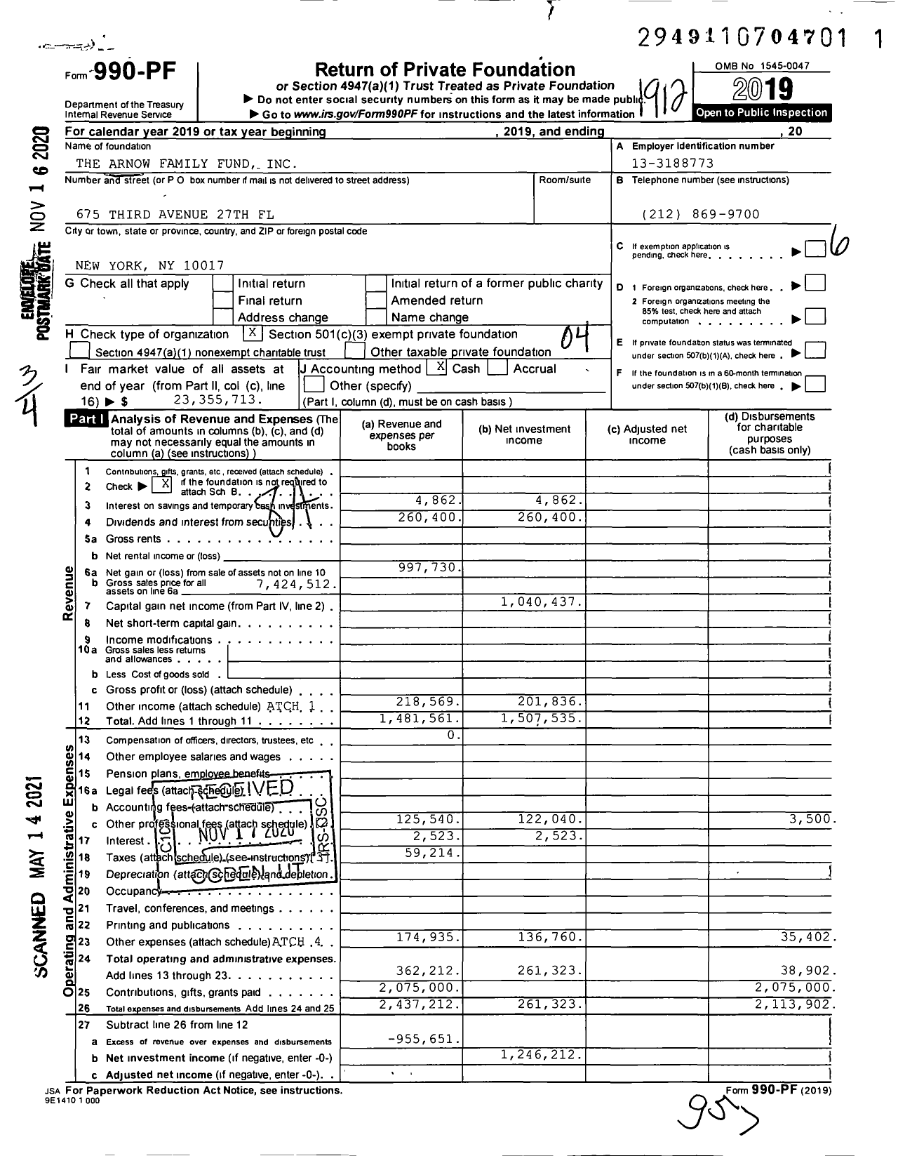 Image of first page of 2019 Form 990PF for The Arnow Family Fund