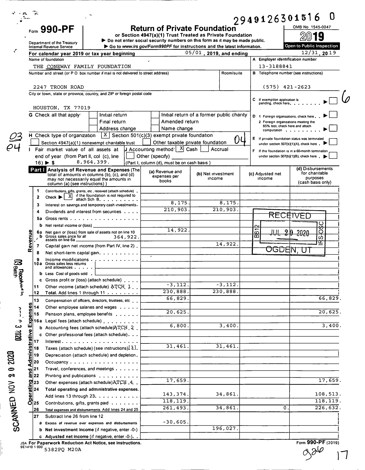 Image of first page of 2019 Form 990PF for The Coneway Family Foundation