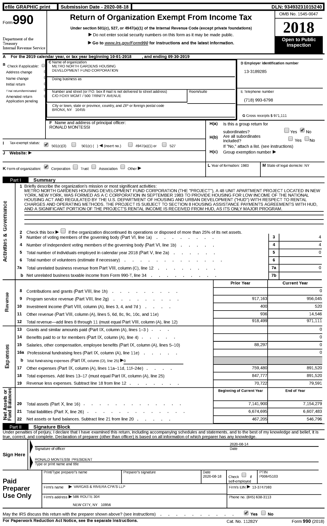 Image of first page of 2018 Form 990 for Metro North Gardens Housing Development Fund Corporation