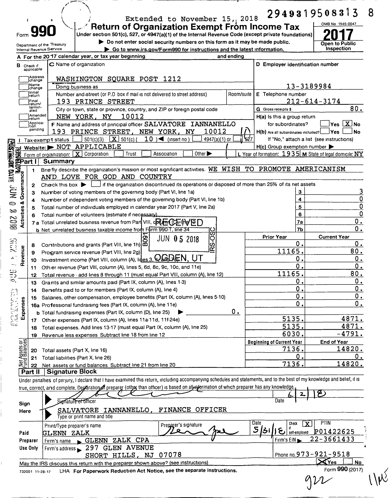 Image of first page of 2017 Form 990O for Washington Square Post 1212