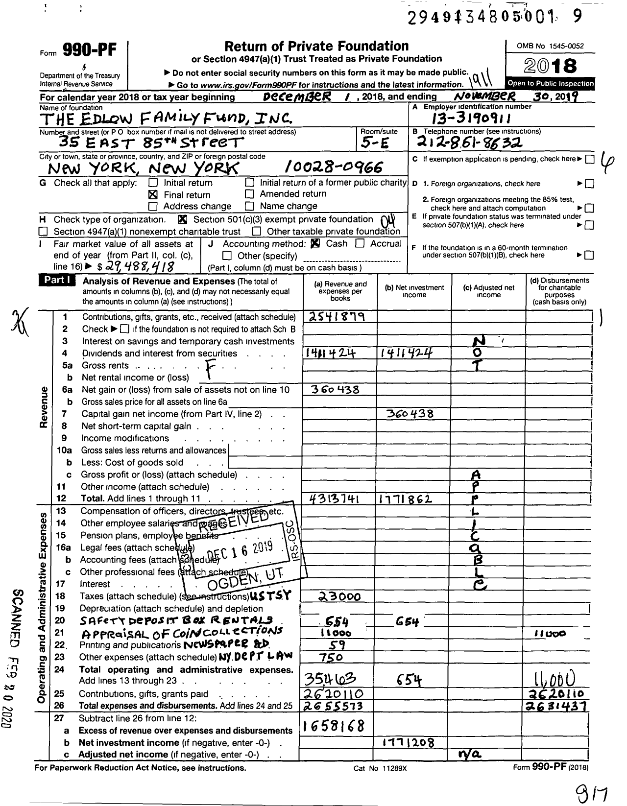 Image of first page of 2018 Form 990PF for The Edlow Family Fund