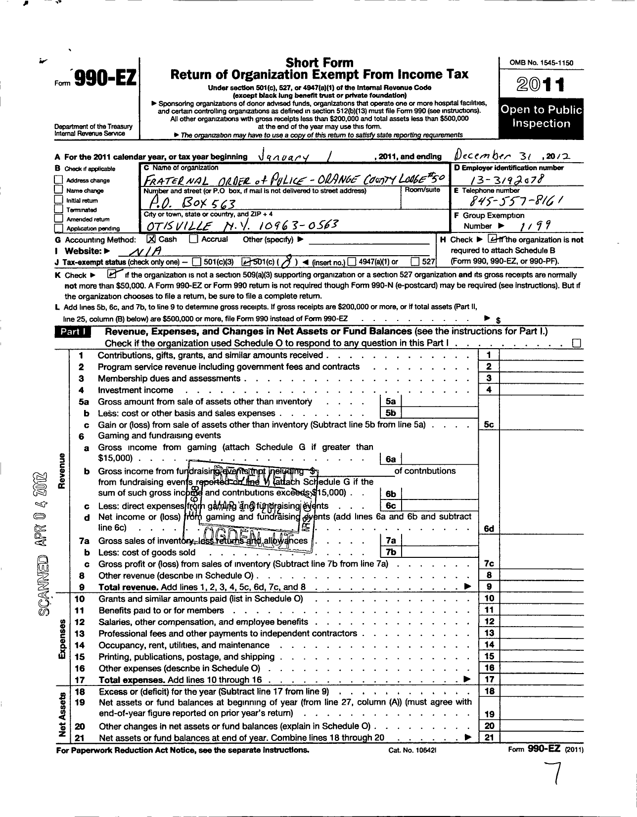 Image of first page of 2012 Form 990EO for Fraternal Order of Police - 50 Orange County Lodge