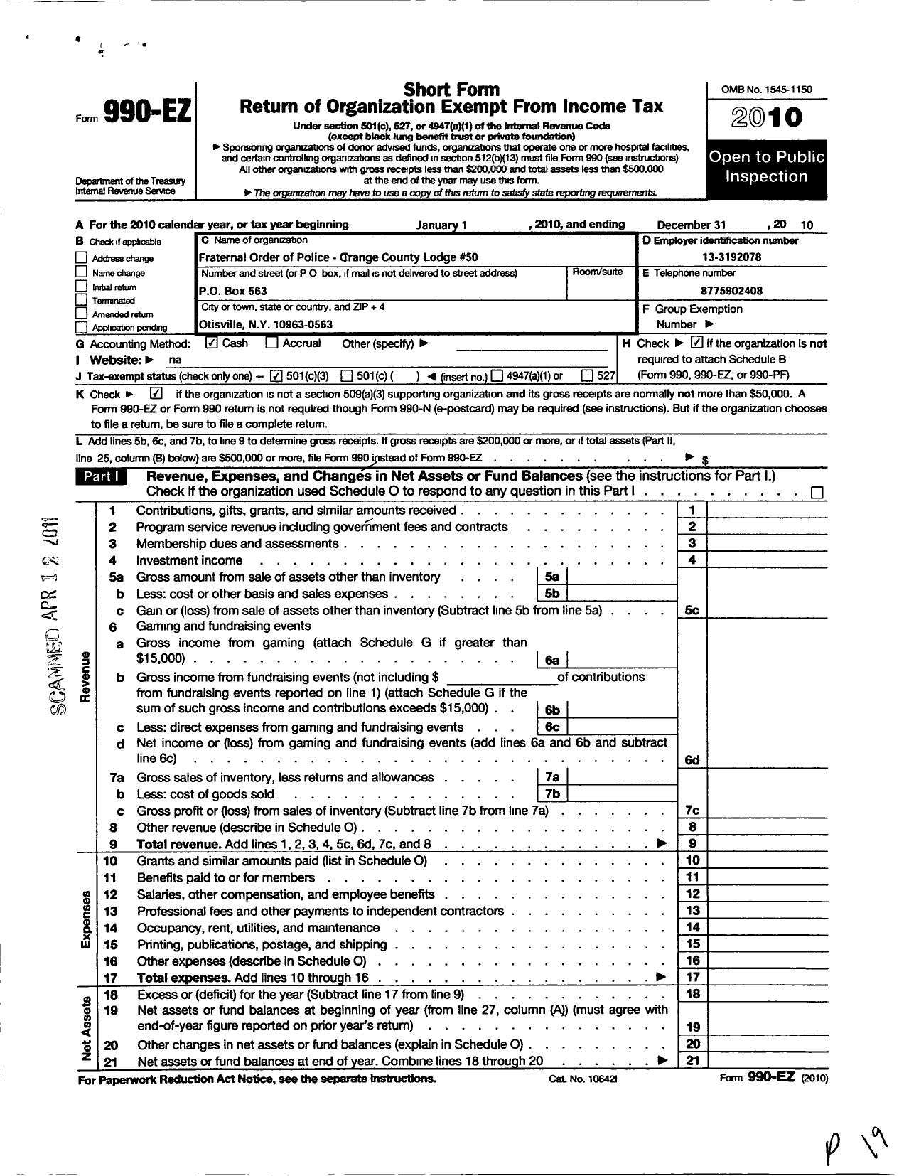 Image of first page of 2010 Form 990EZ for Fraternal Order of Police - 50 Orange County Lodge