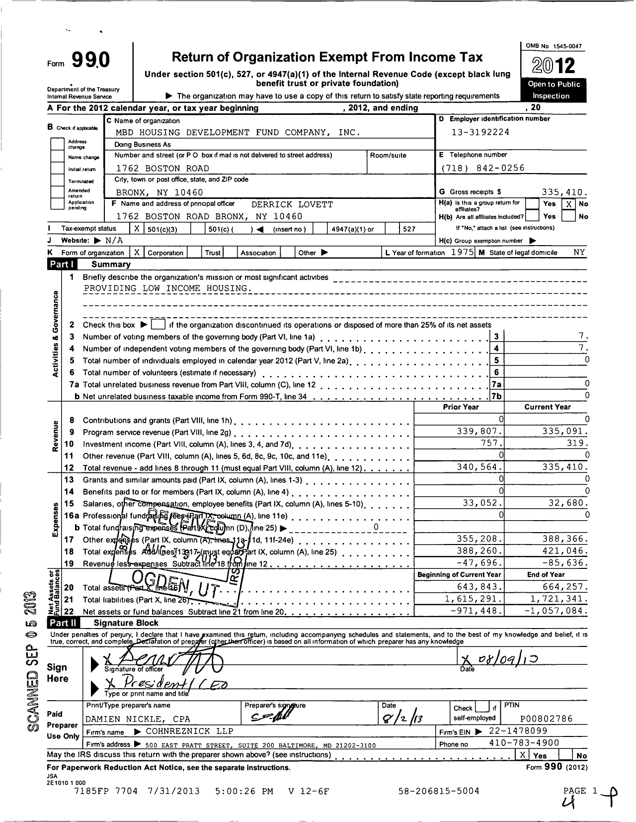 Image of first page of 2012 Form 990 for MBD Housing Development Fund Company