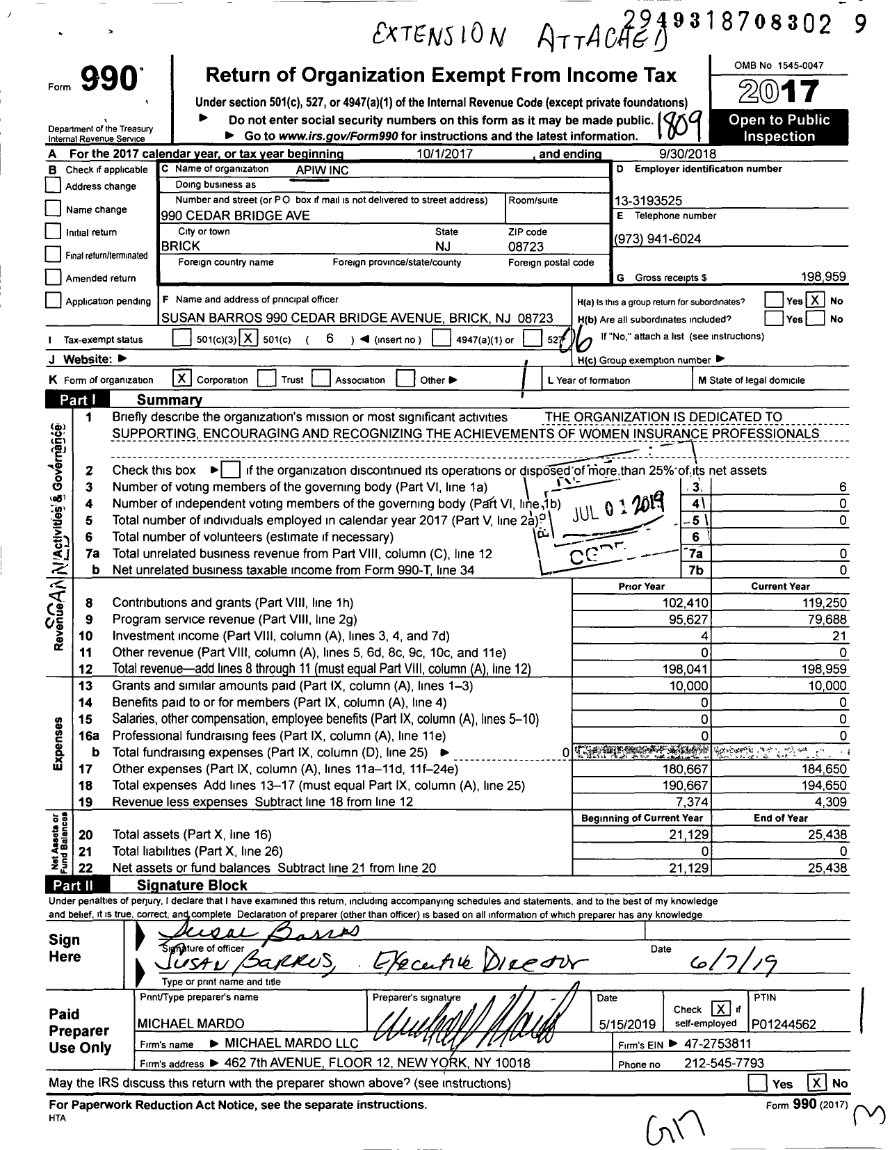 Image of first page of 2017 Form 990O for Apiw