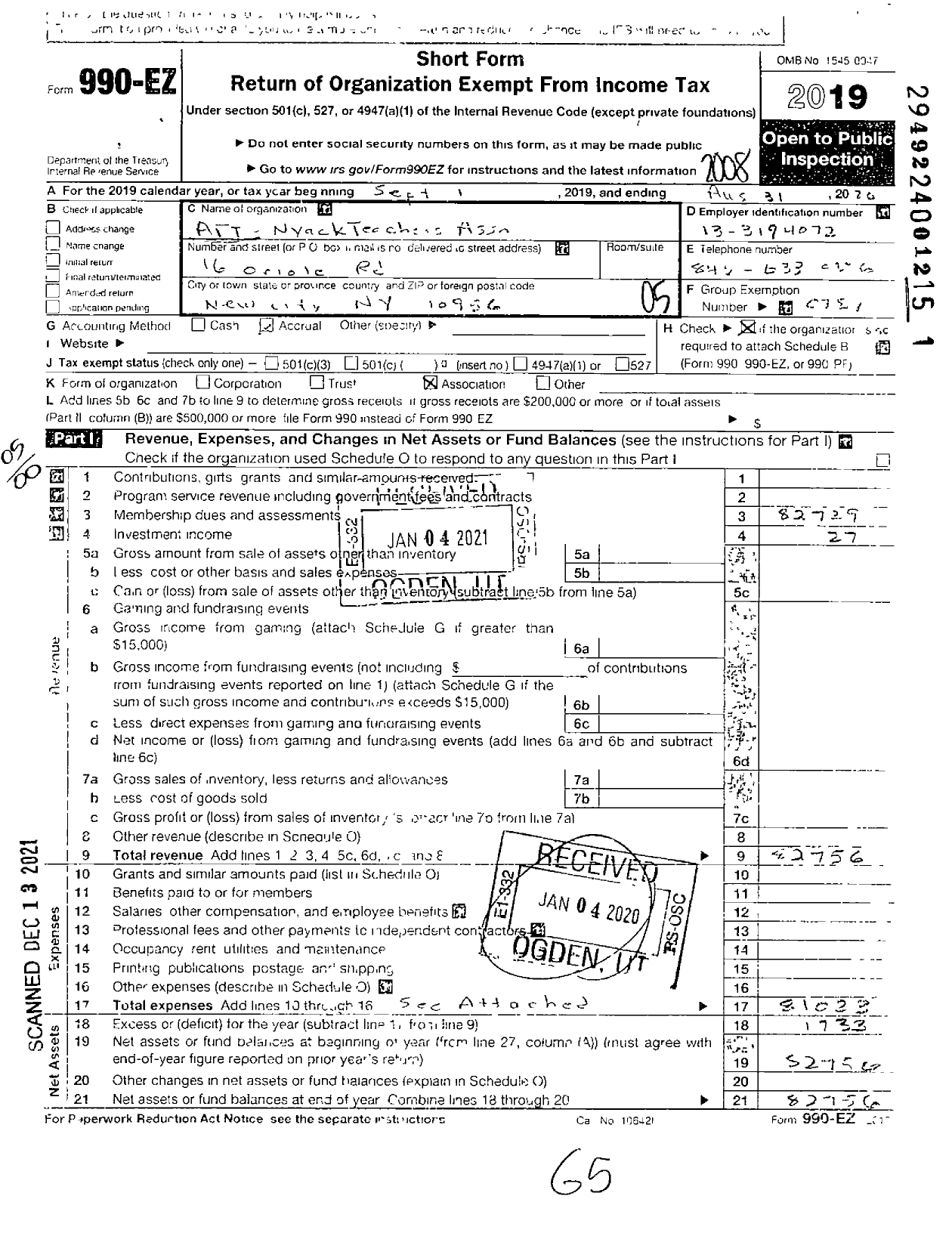 Image of first page of 2019 Form 990EO for American Federation of Teachers - 2888 Nyack Teachers Association