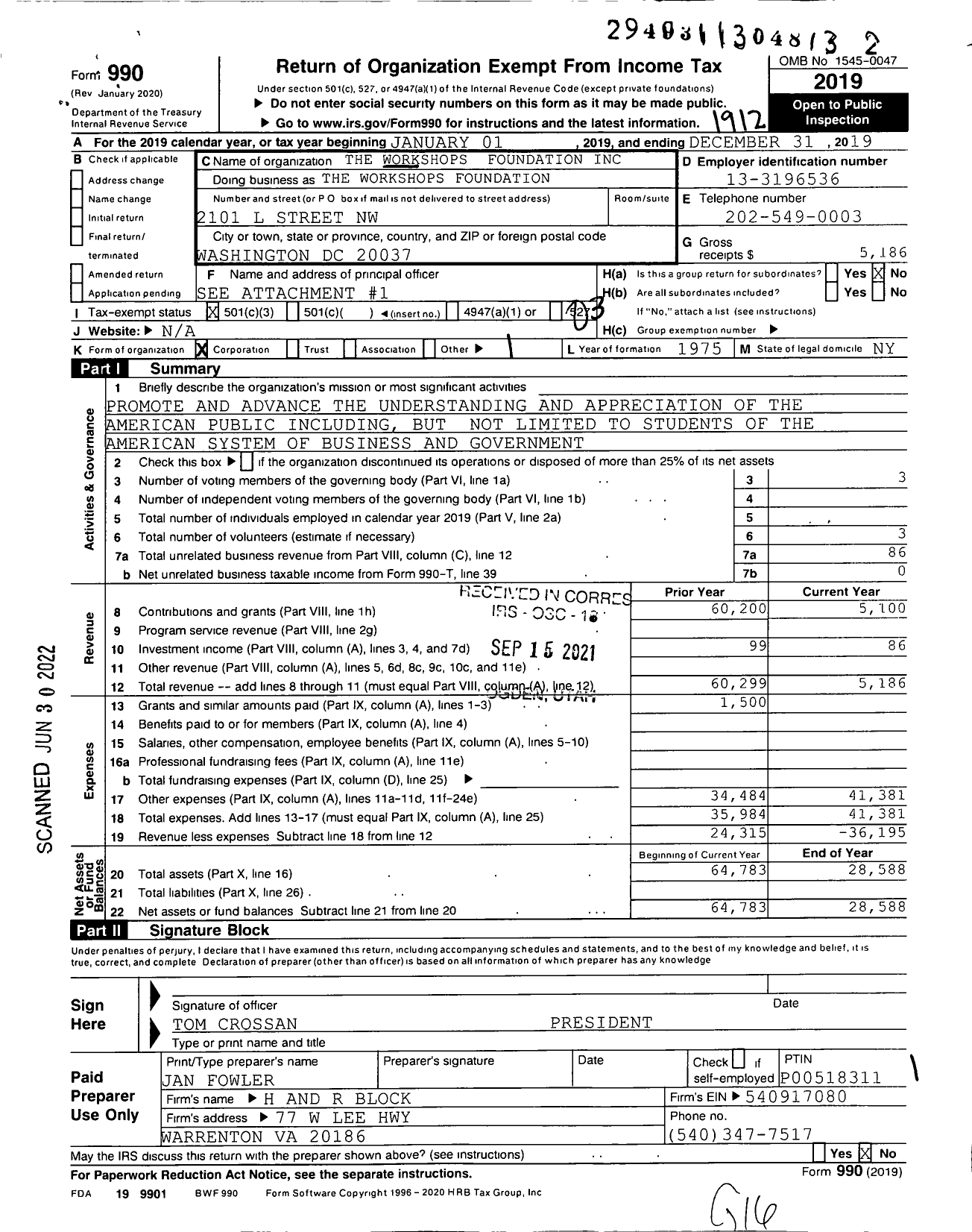 Image of first page of 2019 Form 990 for The Workshops Foundation