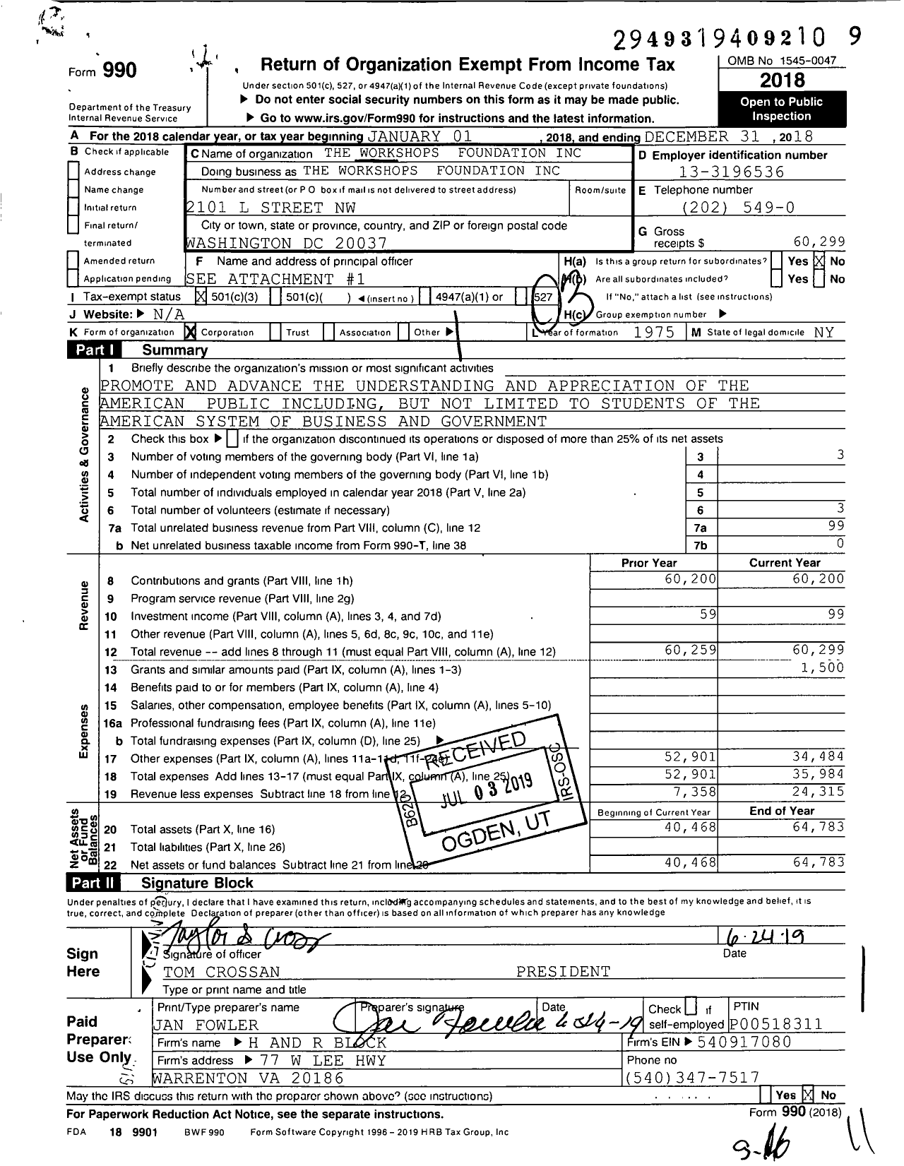 Image of first page of 2018 Form 990 for The Workshops Foundation