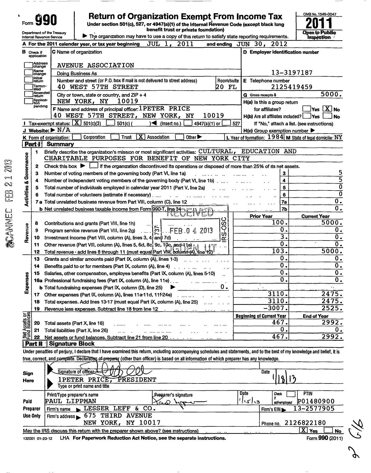 Image of first page of 2011 Form 990 for The Avenue Association