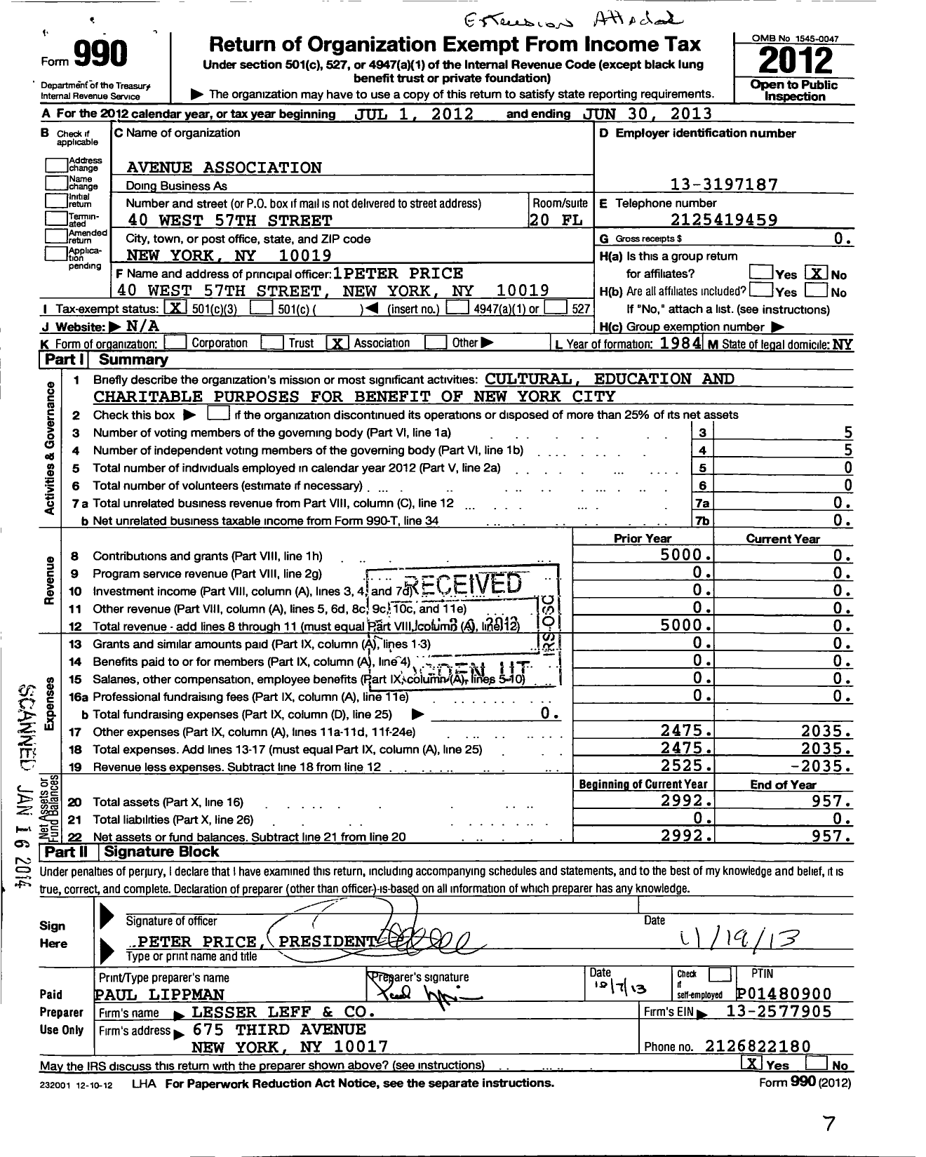 Image of first page of 2012 Form 990 for The Avenue Association