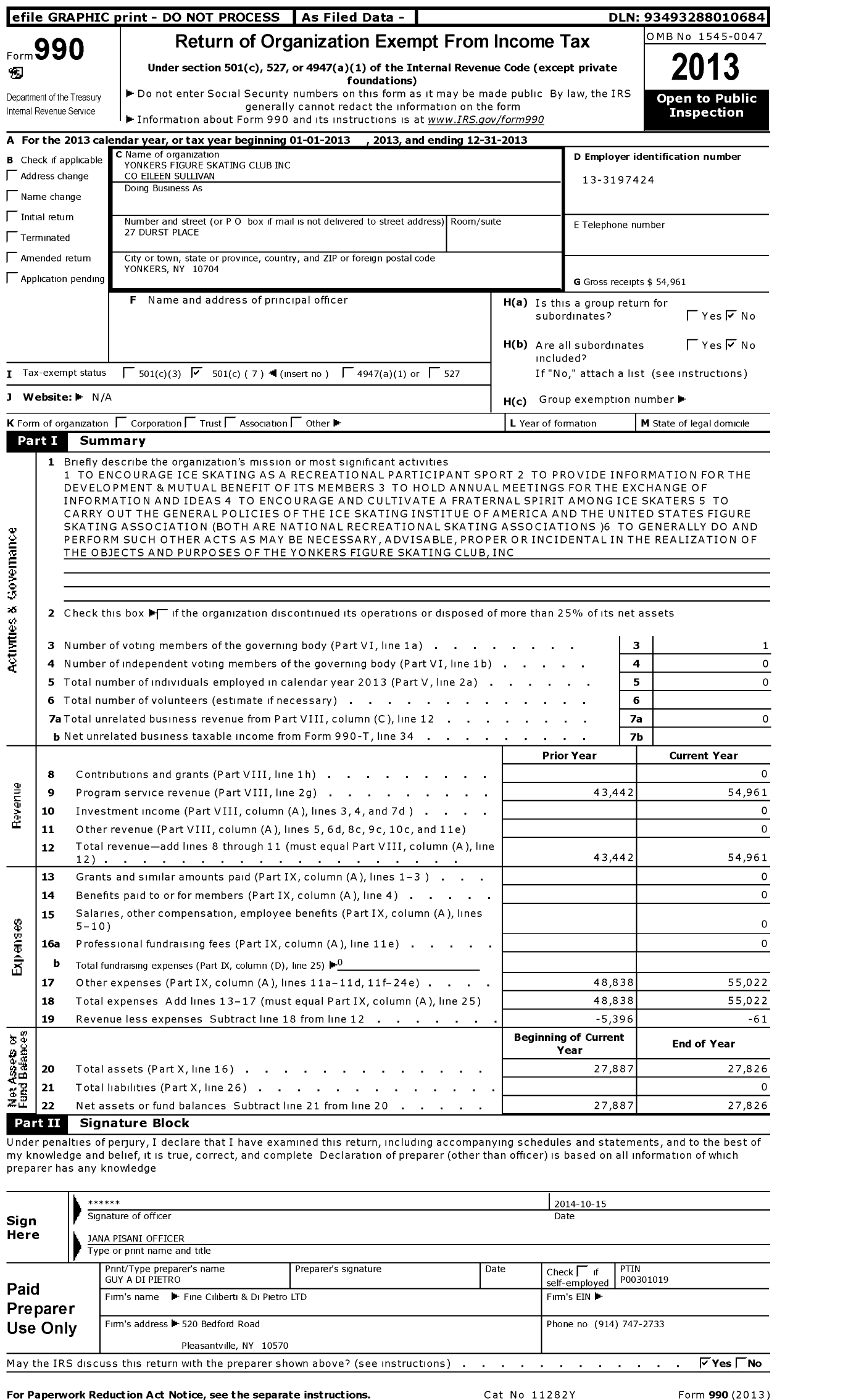 Image of first page of 2013 Form 990O for Yonkers Figure Skating Club