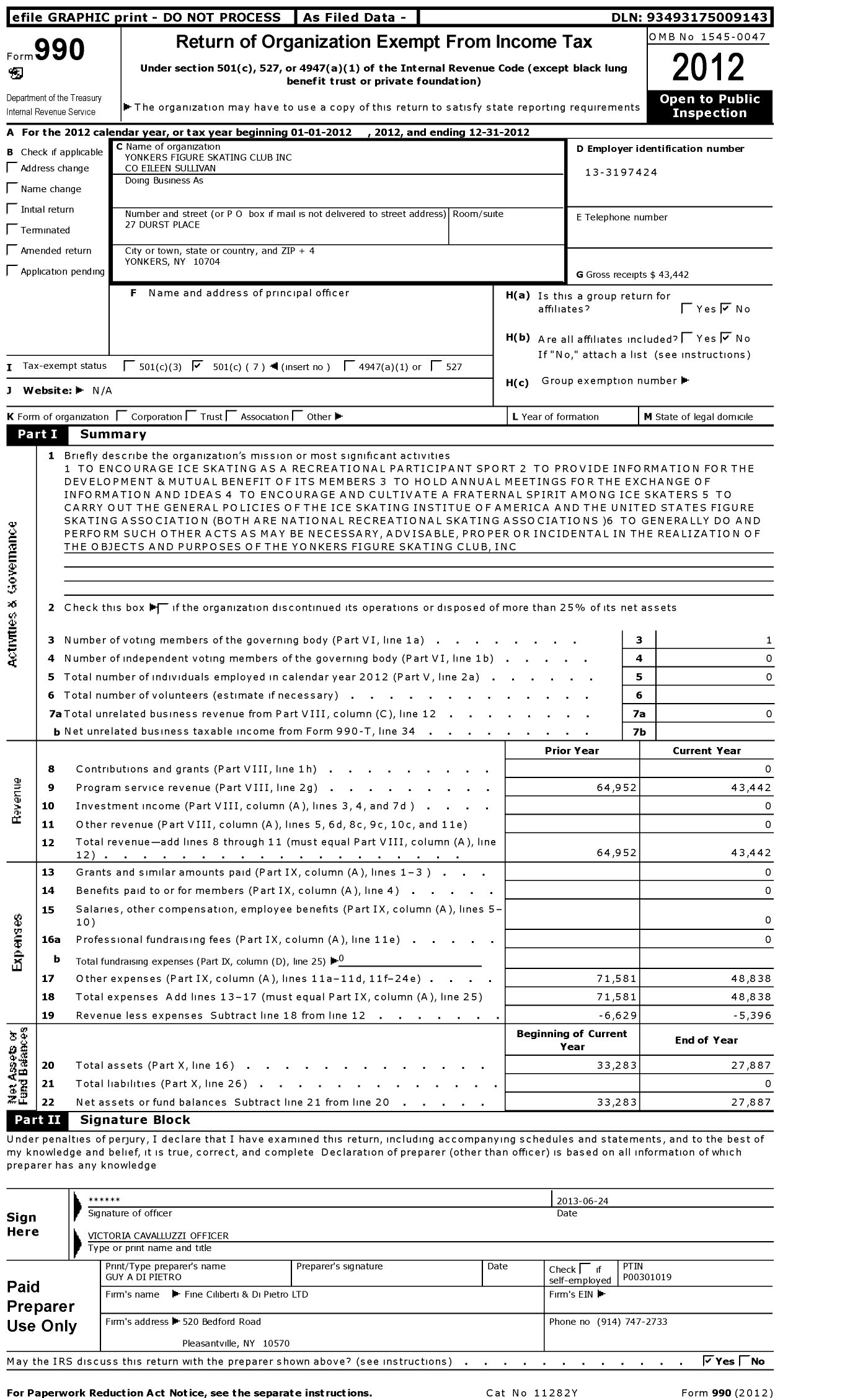 Image of first page of 2012 Form 990O for Yonkers Figure Skating Club