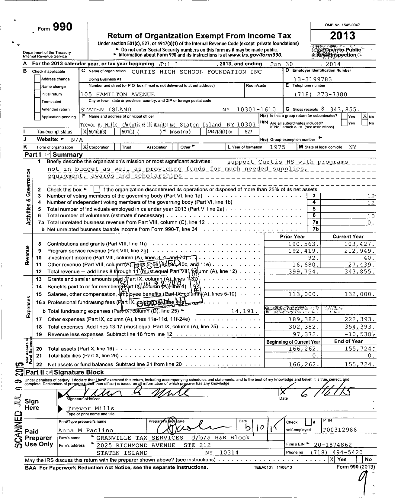 Image of first page of 2013 Form 990 for Curtis High School Foundation