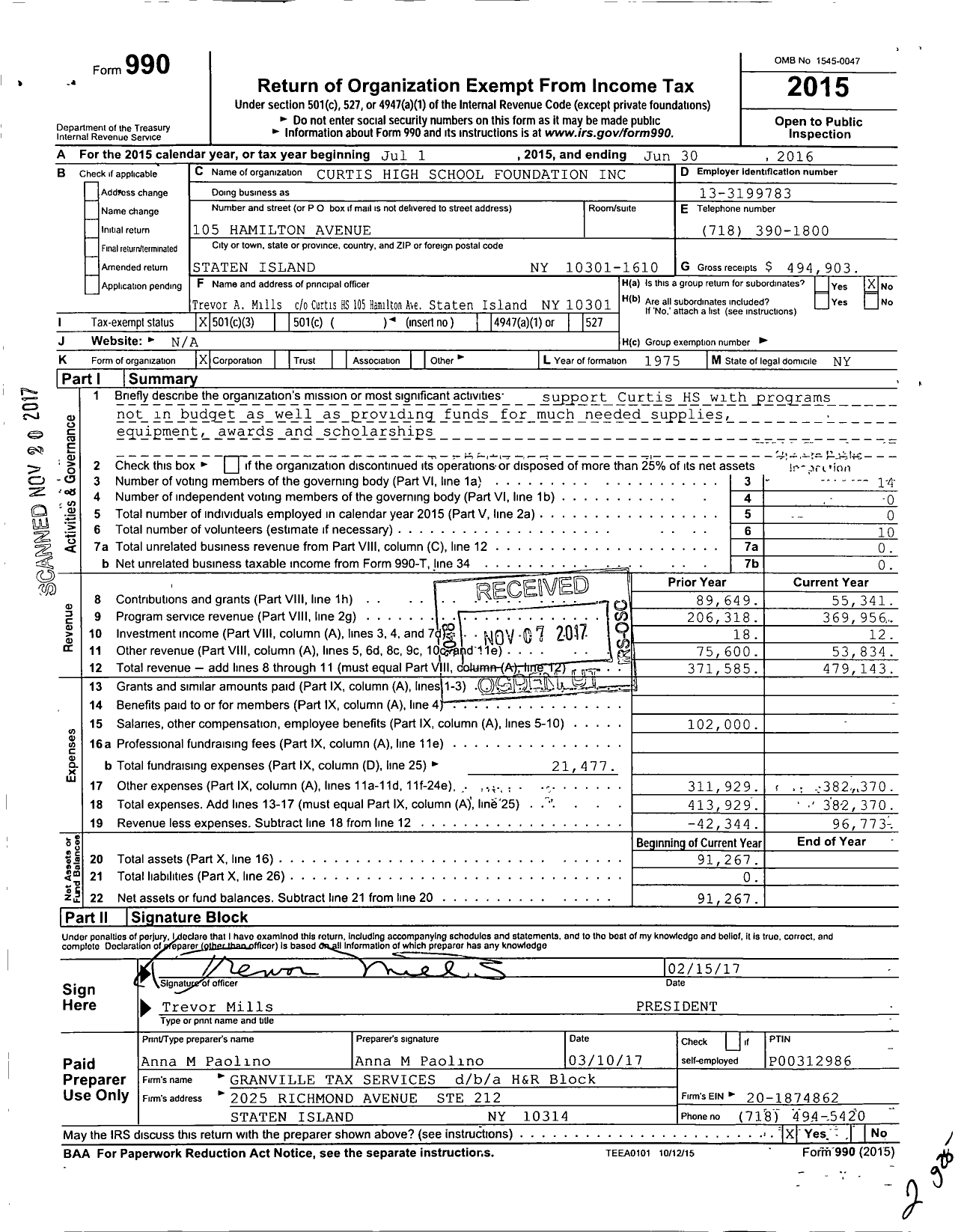 Image of first page of 2015 Form 990 for Curtis High School Foundation