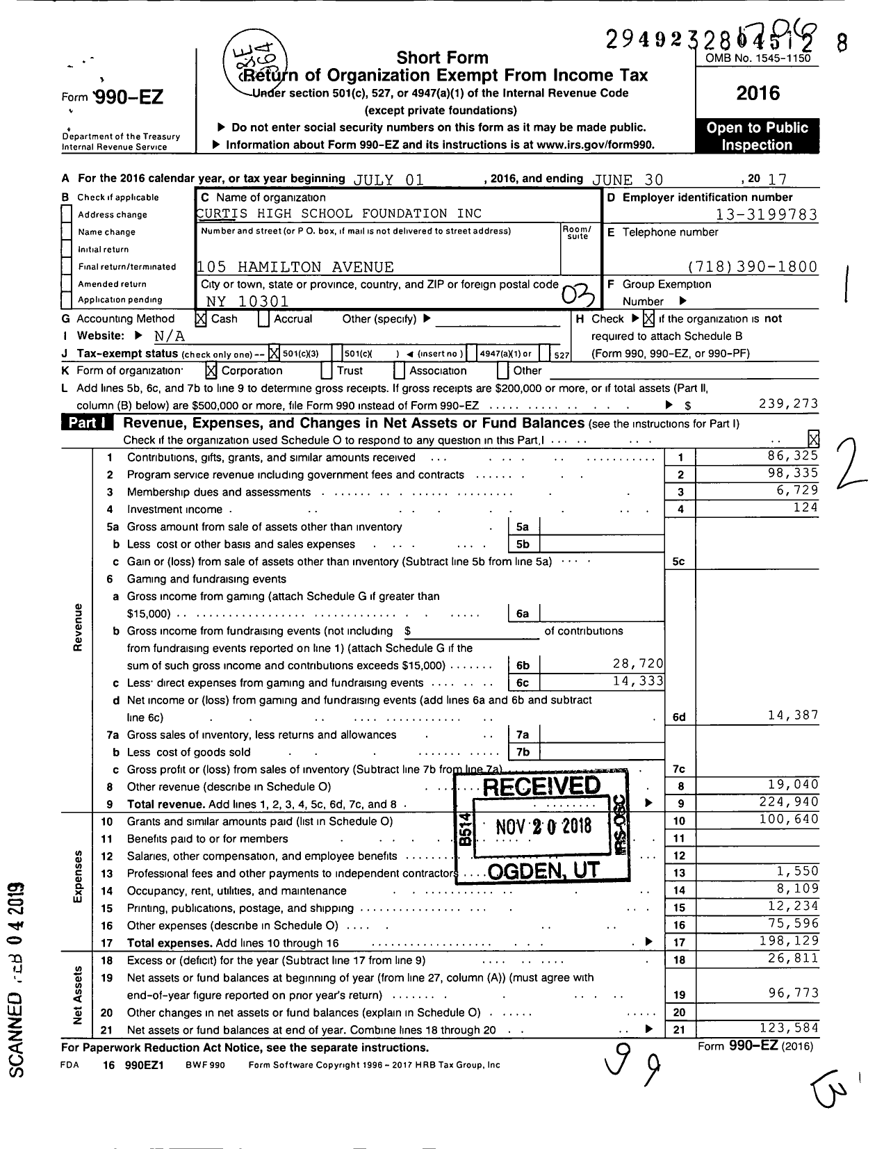 Image of first page of 2016 Form 990EZ for Curtis High School Foundation