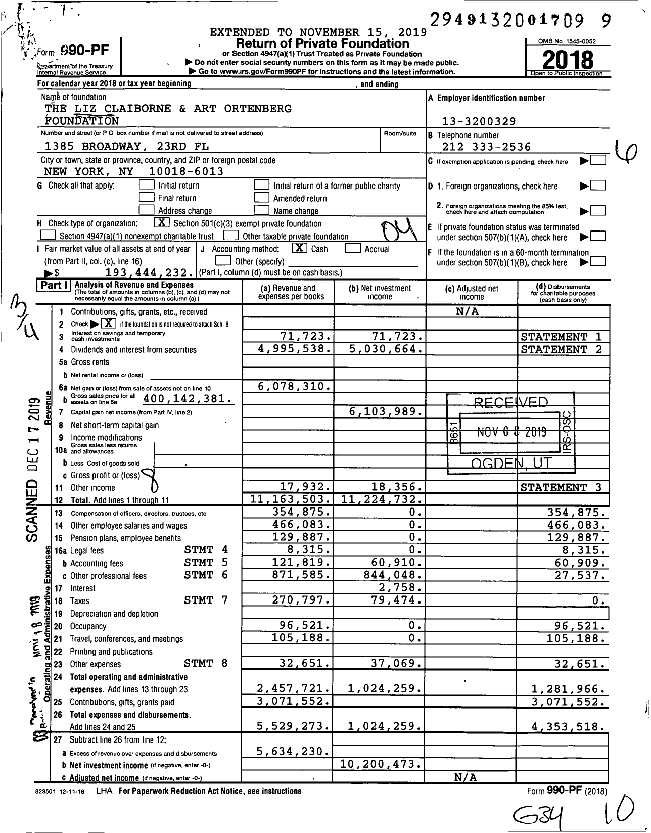 Image of first page of 2018 Form 990PF for Liz Claiborne and Art Ortenberg Foundation (LCAOF)