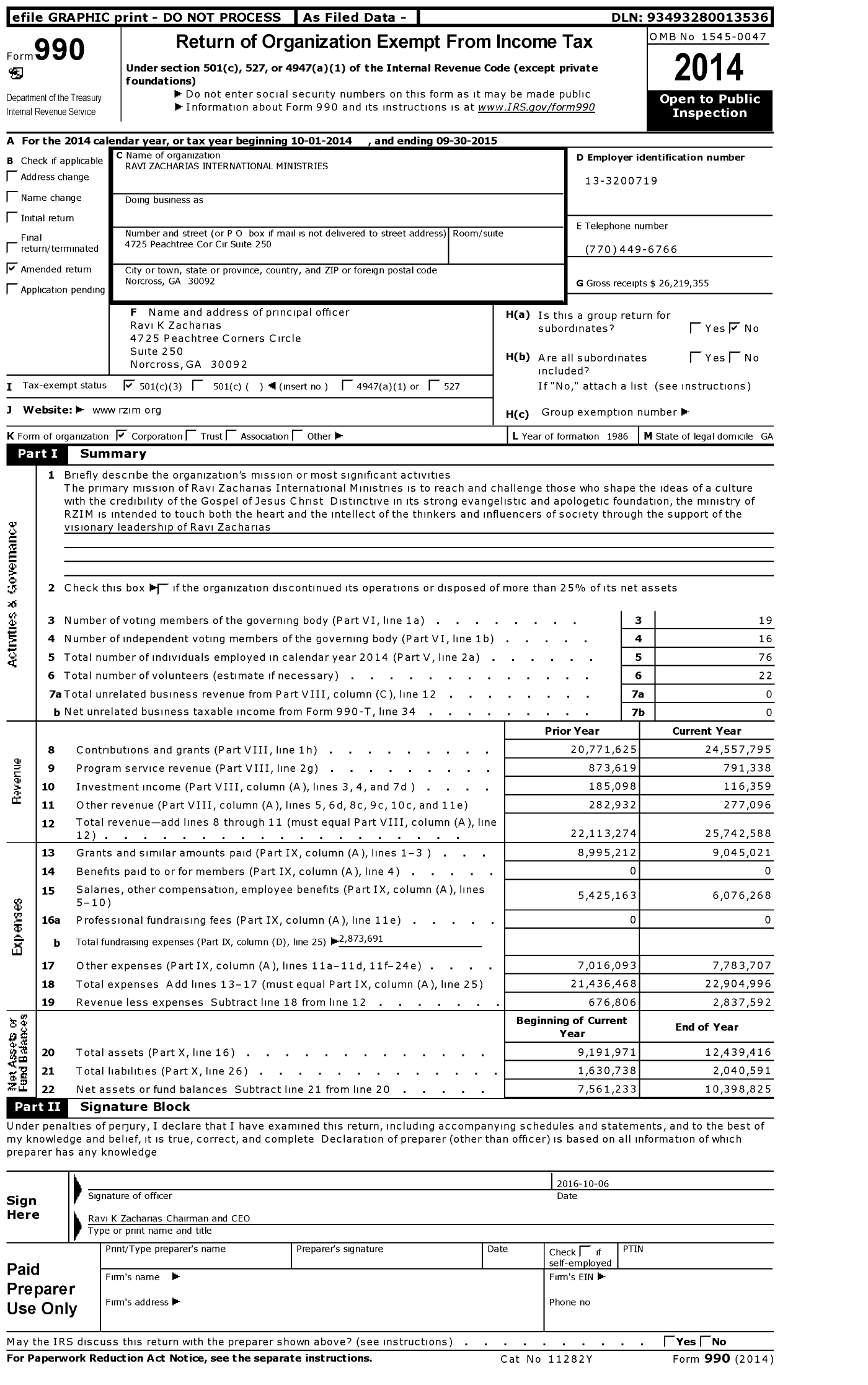 Image of first page of 2014 Form 990 for Ravi Zacharias International Ministries (RZIM)