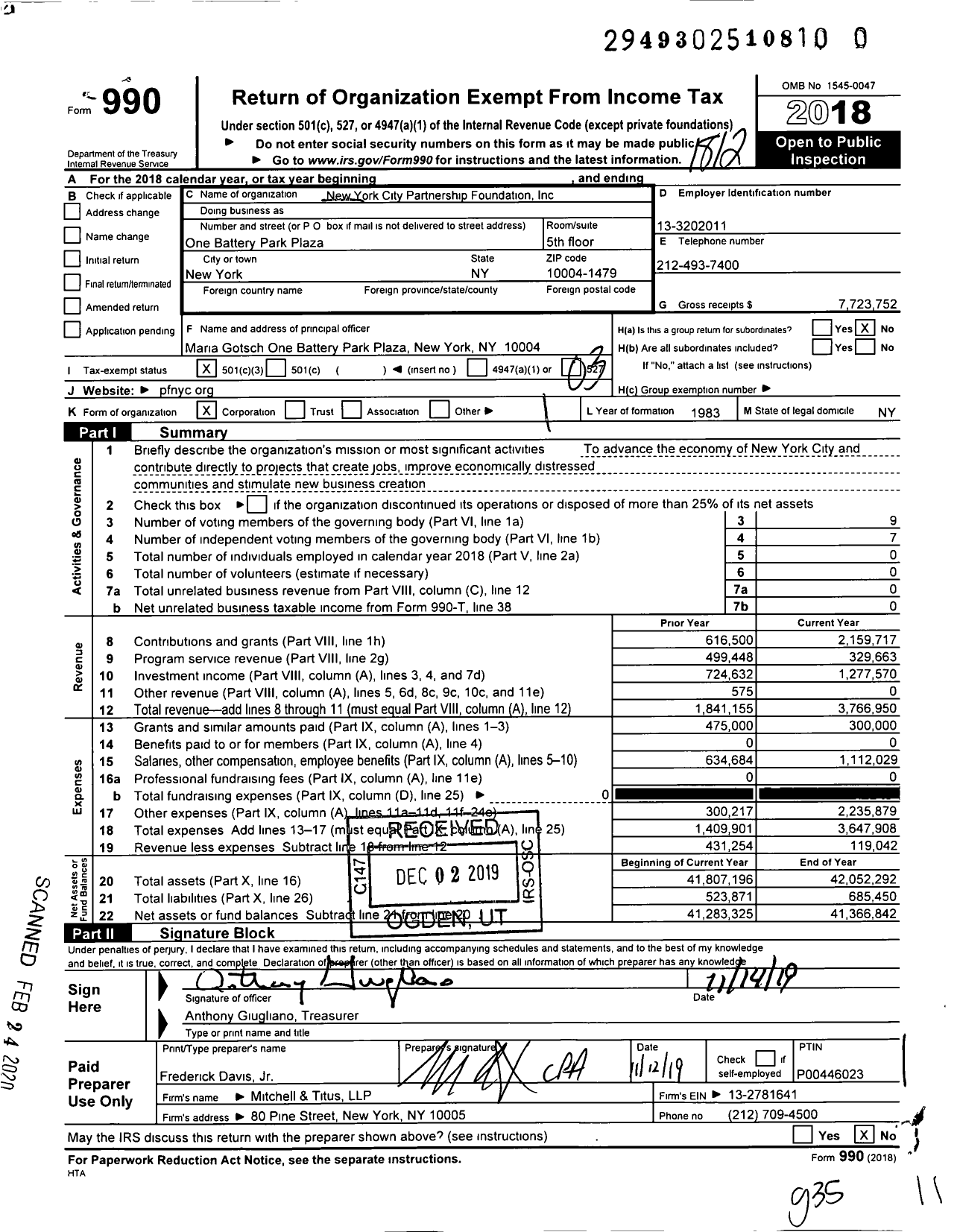 Image of first page of 2018 Form 990 for New York City Partnership Foundation