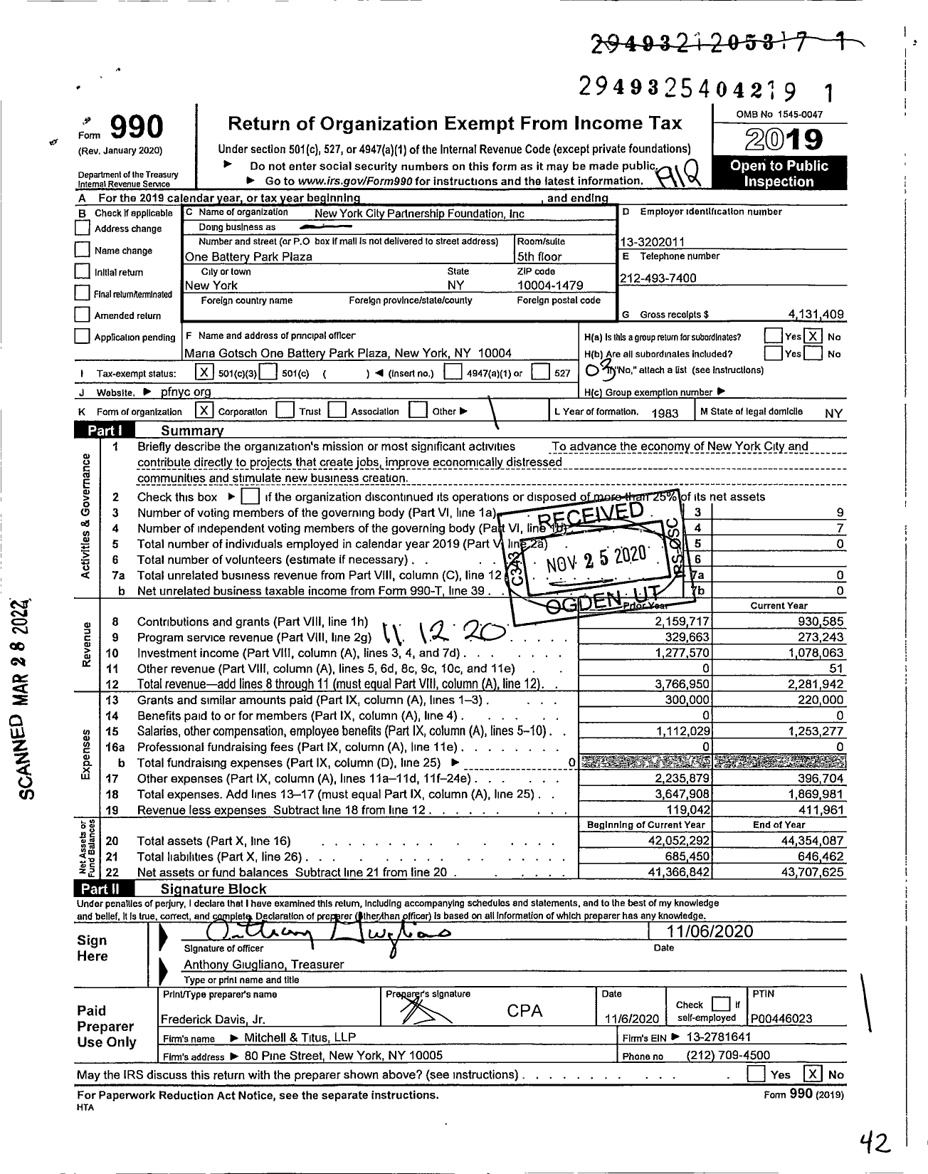 Image of first page of 2019 Form 990 for New York City Partnership Foundation