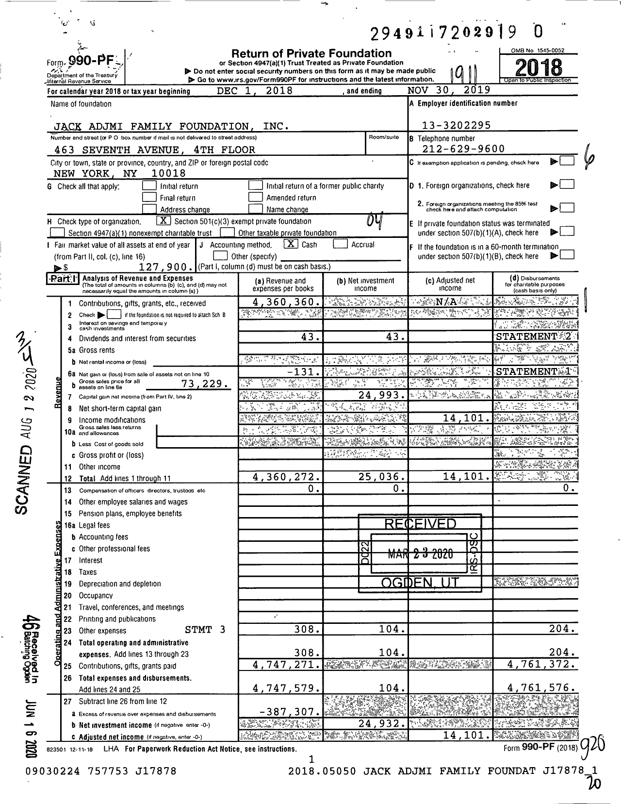 Image of first page of 2018 Form 990PR for Jack Adjmi Family Foundation