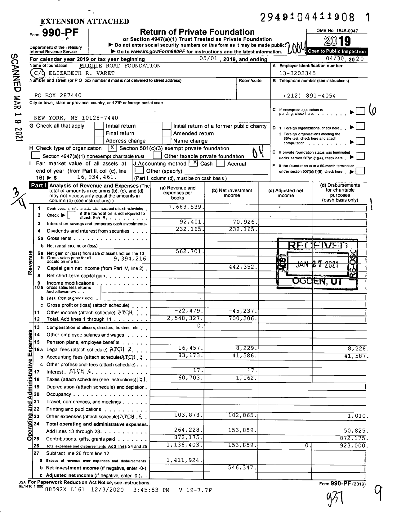 Image of first page of 2019 Form 990PF for Middle Road Foundation