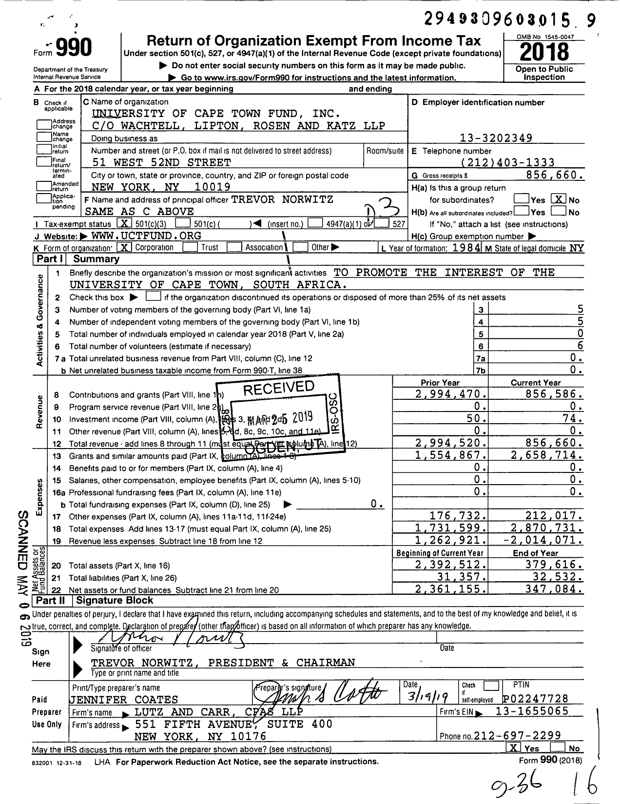 Image of first page of 2018 Form 990 for University of Cape Town Fund