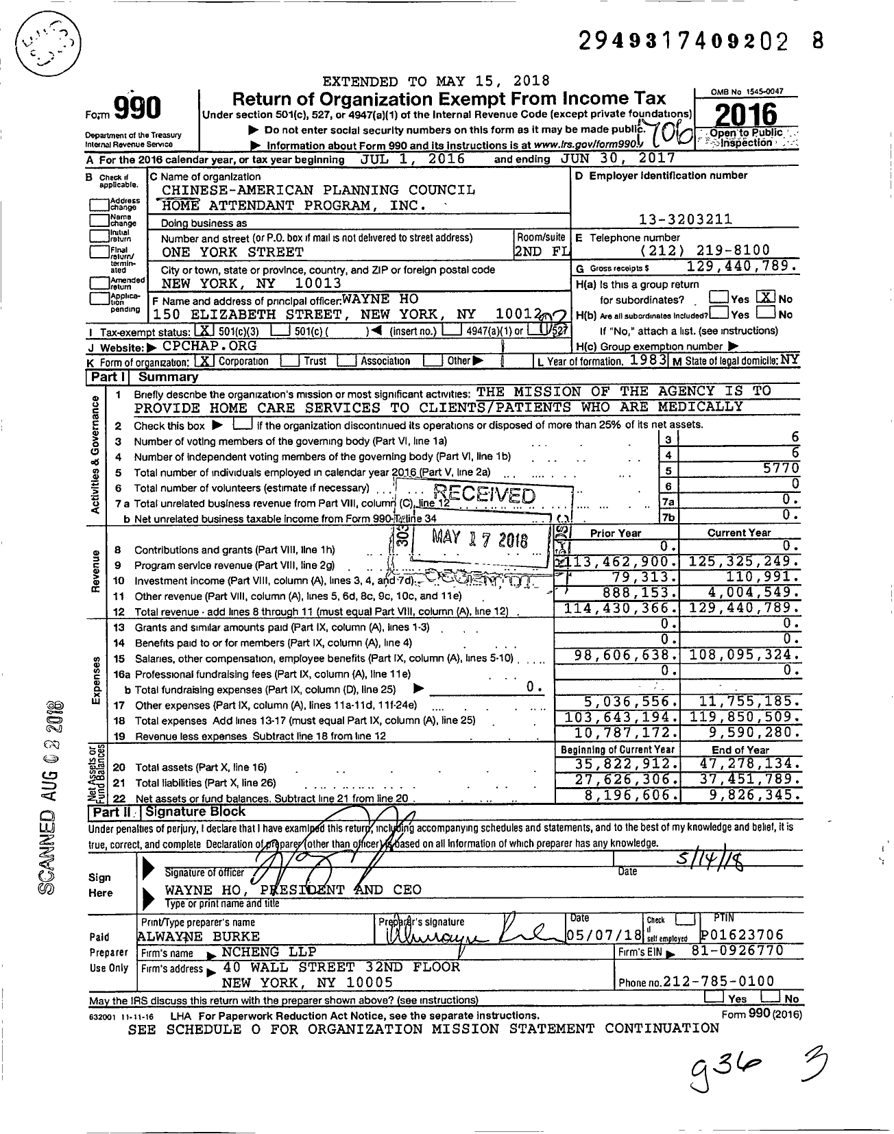 Image of first page of 2016 Form 990 for Chinese-American Planning Council Home Attendant Program Incorporated (CPCHAP)