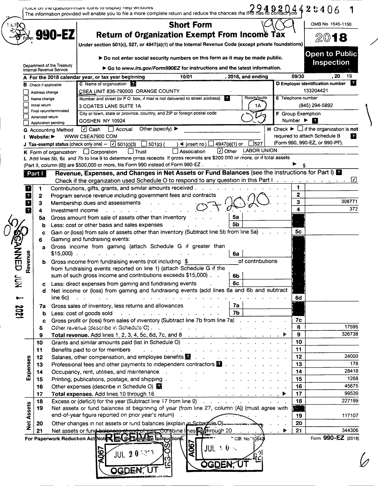 Image of first page of 2018 Form 990EO for Civil Service Employees Association - 0836-790000 Orange Cnty Unit Csea