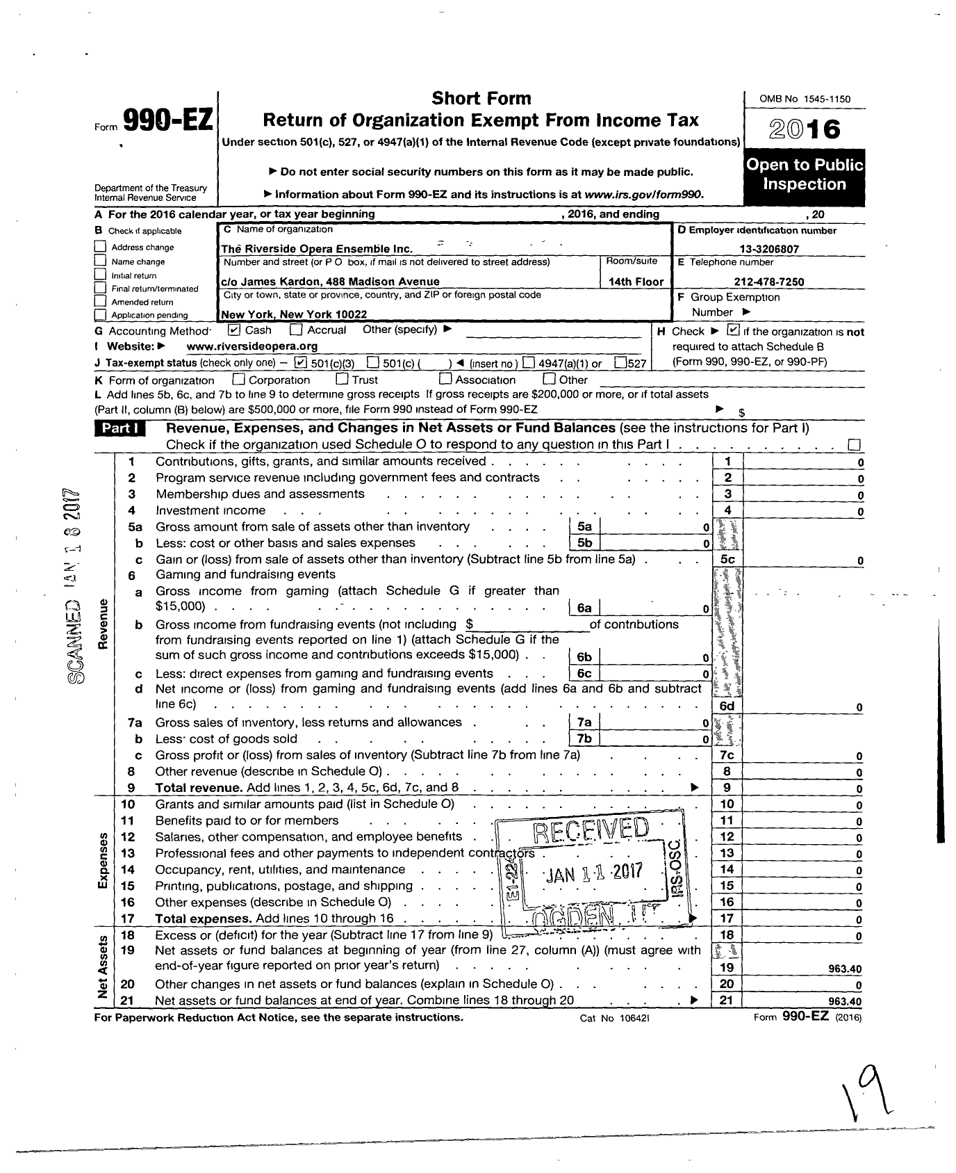 Image of first page of 2016 Form 990EZ for The Riverside Opera Ensemble