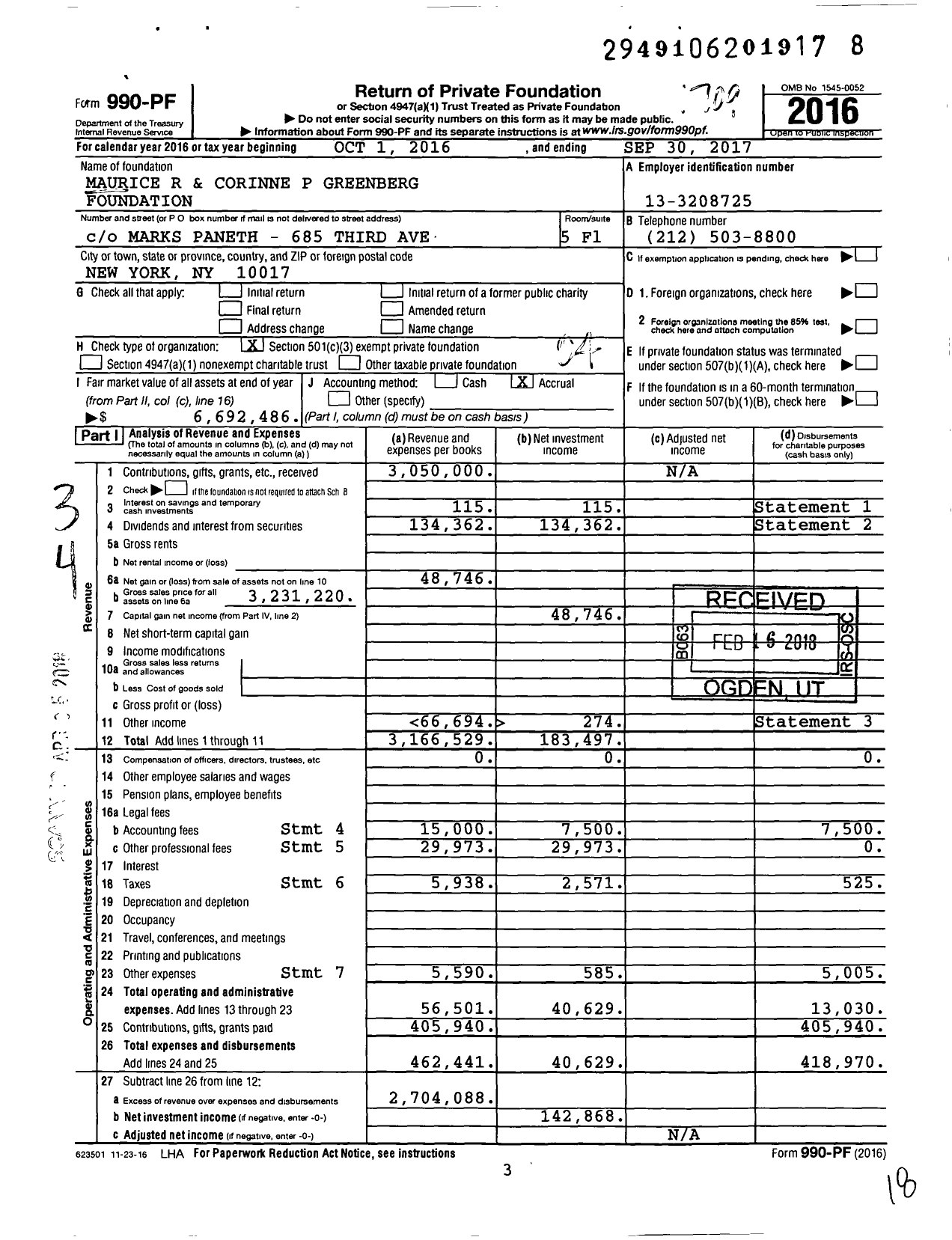 Image of first page of 2016 Form 990PF for Maurice R and Corinne P Greenberg Foundation