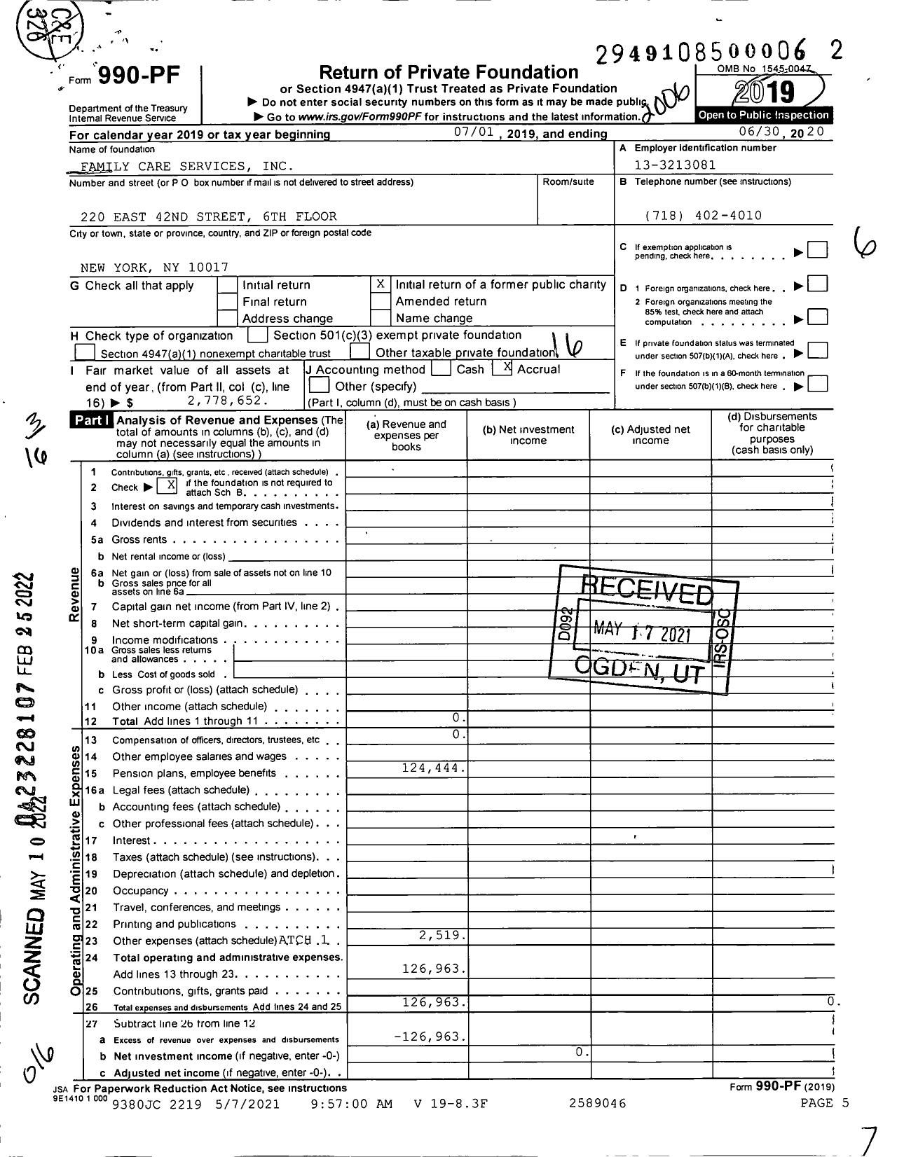Image of first page of 2019 Form 990PF for Family Care Services