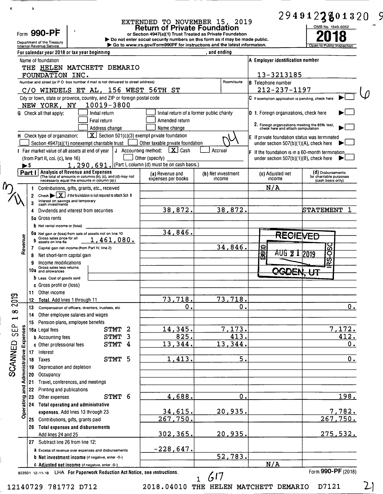 Image of first page of 2018 Form 990PF for The Helen Matchett Demario Foundation