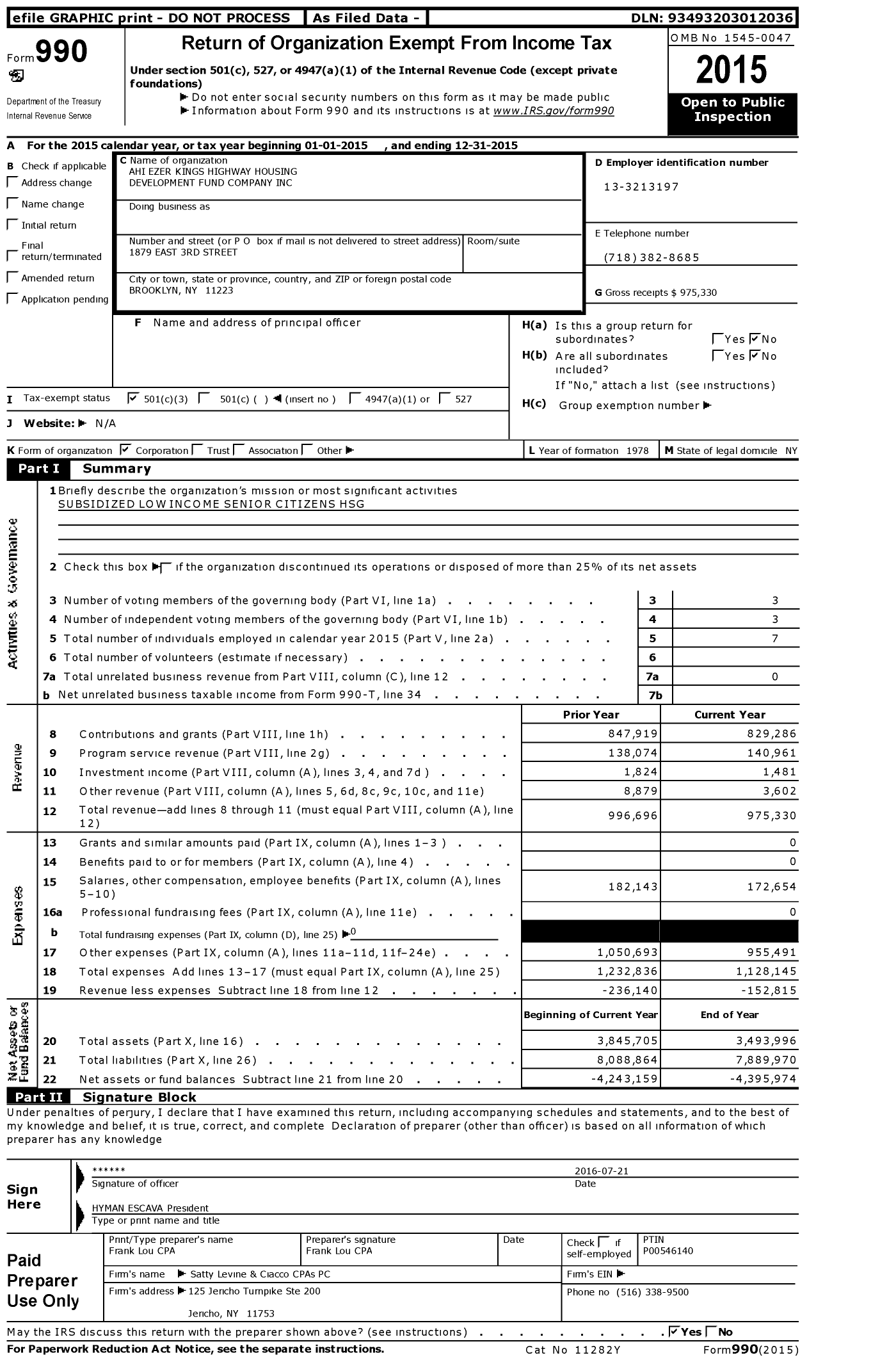 Image of first page of 2015 Form 990 for Ahi Ezer Kings Highway Housing Development Fund Company